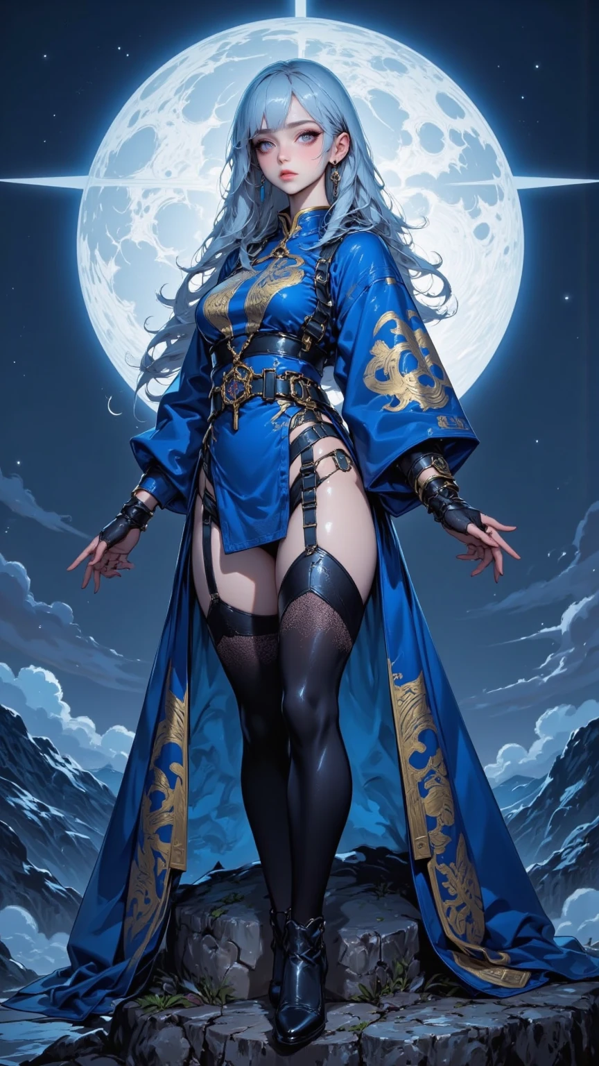 masterpiece, high quality, 4K, Beautiful design, silhouette,bionde, Highly Detailed Starry Sky at Night,Flower Field, wonderful, Finer details, Very knowledgeable woman, Highly detailed solo, 1 female,Big Breasts,magic,Magic User,Night view,Starry Sky,full moon,