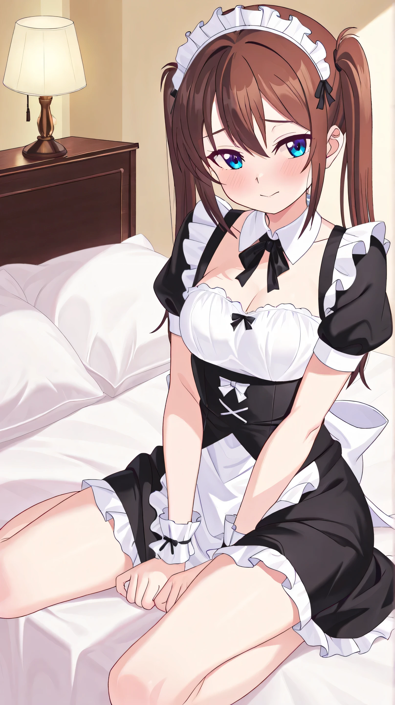 Beautiful girl with brown hair, purple eyes, wearing a mini maid outfit with black stockings lying on bed with open legs showing half-lowered underwear, small breasts, high quality 2k ray tracing