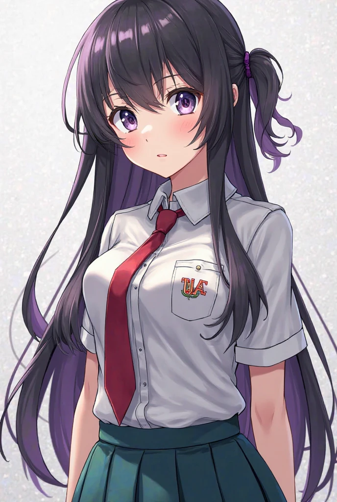 upper body, solo, 1girl, large breasts, looking at viewer, stupid, dark brown hair, comb over, grey eyes, black sweater vest, god rays, Nerine_Lily \(flower\), floral background <lora:Focke_wulf_style_v02:1>