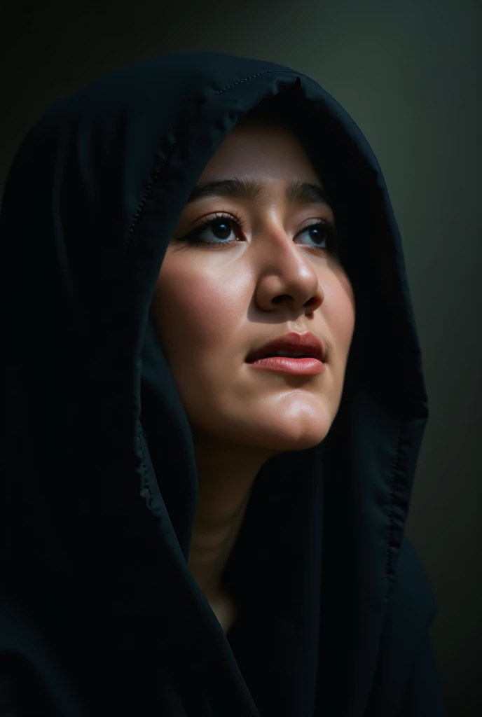 Best quality, masterpiece, ultra high res, (photorealistic:1.4), raw photo, 1girl, detailed hijab, detailed eyes and face, black sweater, dynamic lighting, in the dark, deep shadow, low key, cowboy shot