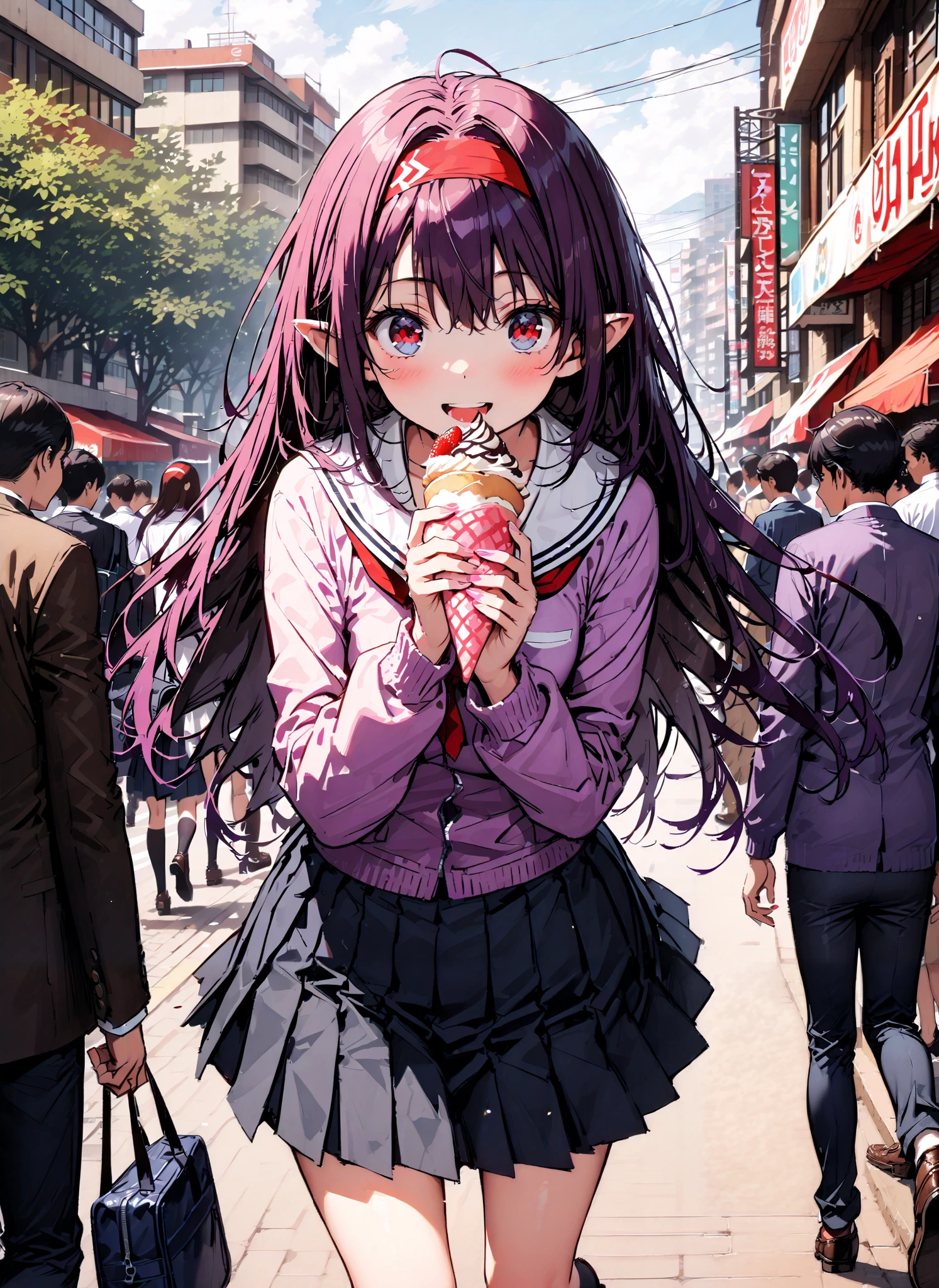 yuukiKonno, Konno Yuuki, Alone,stupid hair, Red Hairband , long hair, pointy ears , purple hair, red eyes,smile,blush,opens her mouth,School bag,
white sailor suit ,purple cardigan,Black mini pleated skirt ,black thigh high socks, loafers,Walking,I'm holding a chocolate crepe with one hand,building,crowd,full bodyがイラストに入るように,
break outdoors,City,
break looking at viewer,full body,
break (masterpiece:1.2),Highest quality , kampala, Unity 8K Wallpaper ,(shape:0.8),( fine, beautiful eyes :1.6),It's a person ,full body写真,CG Details , (perfect hands, complete anatomy),