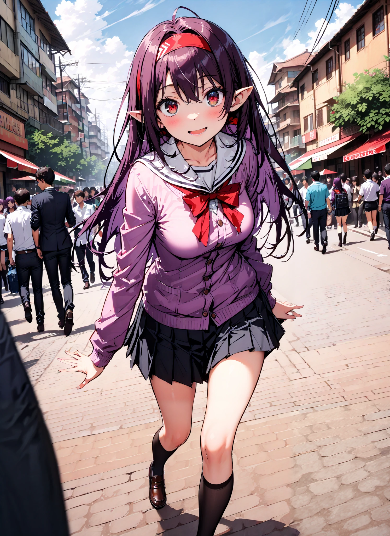yuukiKonno, Konno Yuuki, Alone,stupid hair, Red Hairband , long hair, pointy ears , purple hair, red eyes,smile,blush,opens her mouth,School bag,
white sailor suit ,purple cardigan,Black mini pleated skirt ,black thigh high socks, loafers,Walking,I'm holding a chocolate crepe with one hand,building,crowd,full bodyがイラストに入るように,
break outdoors,City,
break looking at viewer,full body,
break (masterpiece:1.2),Highest quality , kampala, Unity 8K Wallpaper ,(shape:0.8),( fine, beautiful eyes :1.6),It's a person ,full body写真,CG Details , (perfect hands, complete anatomy),