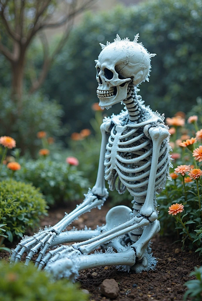 A stylish, eerie dead creature stands motionless in an overgrown suburban yard, captured in a photojournalism style on Kodak Ektar 100 film. Its decayed yet elegant form is draped in tattered but once-fine clothing, with intricate patterns that hint at a bygone era. Hollow eyes stare vacantly, and its skeletal features are both haunting and refined. The medium shot, taken with a Sony A7R IV using an anamorphic lens, reveals the creature against a backdrop of neglected, sunlit lawns and weathered houses. The scene evokes a nostalgic atmosphere in the style of Helmut Newton, merging the unsettling presence of the dead creature with the serene, faded beauty of the suburban setting.