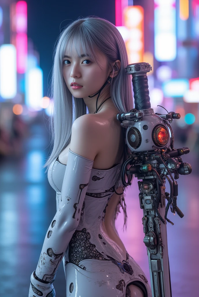 best quality, masterpiece, illustration, an extremely delicate and beautiful, extremely detailed , (realistic, photo-realistic:1.37), extremely detailed CG unity 8k wallpaper, Amazing, finely detail, masterpiece,best quality,official art, absurdres, incredibly absurdres, huge filesize, ultra-detailed, highres, extremely detailed, beautiful detailed girl, extremely detailed eyes and face, beautiful detailed eyes, pose, incredibly_absurdres, ray tracing, A girl with with (light blue hair) and (((implant cybernetic glowing neon left eye))) in futuristic cyberpunk clothes walking down the street, skinny leather pants, big breasts, medium butt, unbuttoned outerwear, perfect anime face, perfect body, beautiful face, serious face, ((night city)), city streets, purple and red tones lighting, realistic lighting, cinematic lighting, volumetric lighting, ((masterpiece)), best quality, intricate details, very detailed, realistic shadows , dof, female focus, 50mm lens, shot on leica m6, ((city streets in the background)), nsfw, korean girl, ulzzang-6500