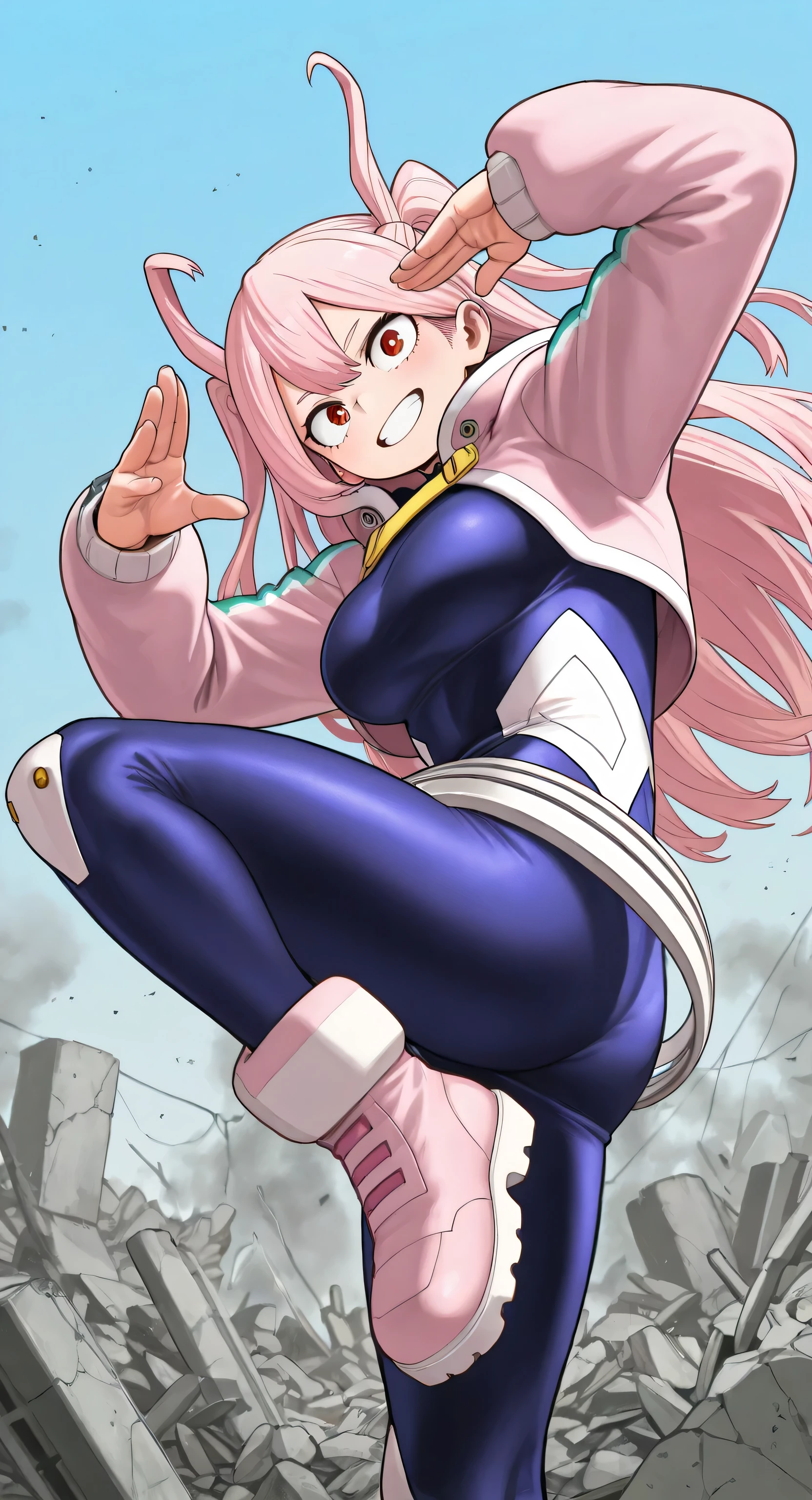 Science Ninja Team G3 Jun's Kick Appearance、Nohel、Cloak is currently wearing a pink miniskirt dress.、Female warrior spinning and kicking in the middle, White panties are visible、Beautie、I took off my helmet、Longhaire、Beautie、Tatsunokos Anime Style, gainax, 80s anime ova style, as a retro futuristic heroine, an retro anime image, 『Digimon』Ammon, Anime Girl Knight, glamorous angewoman digimon, as a retrofuturistic heroine