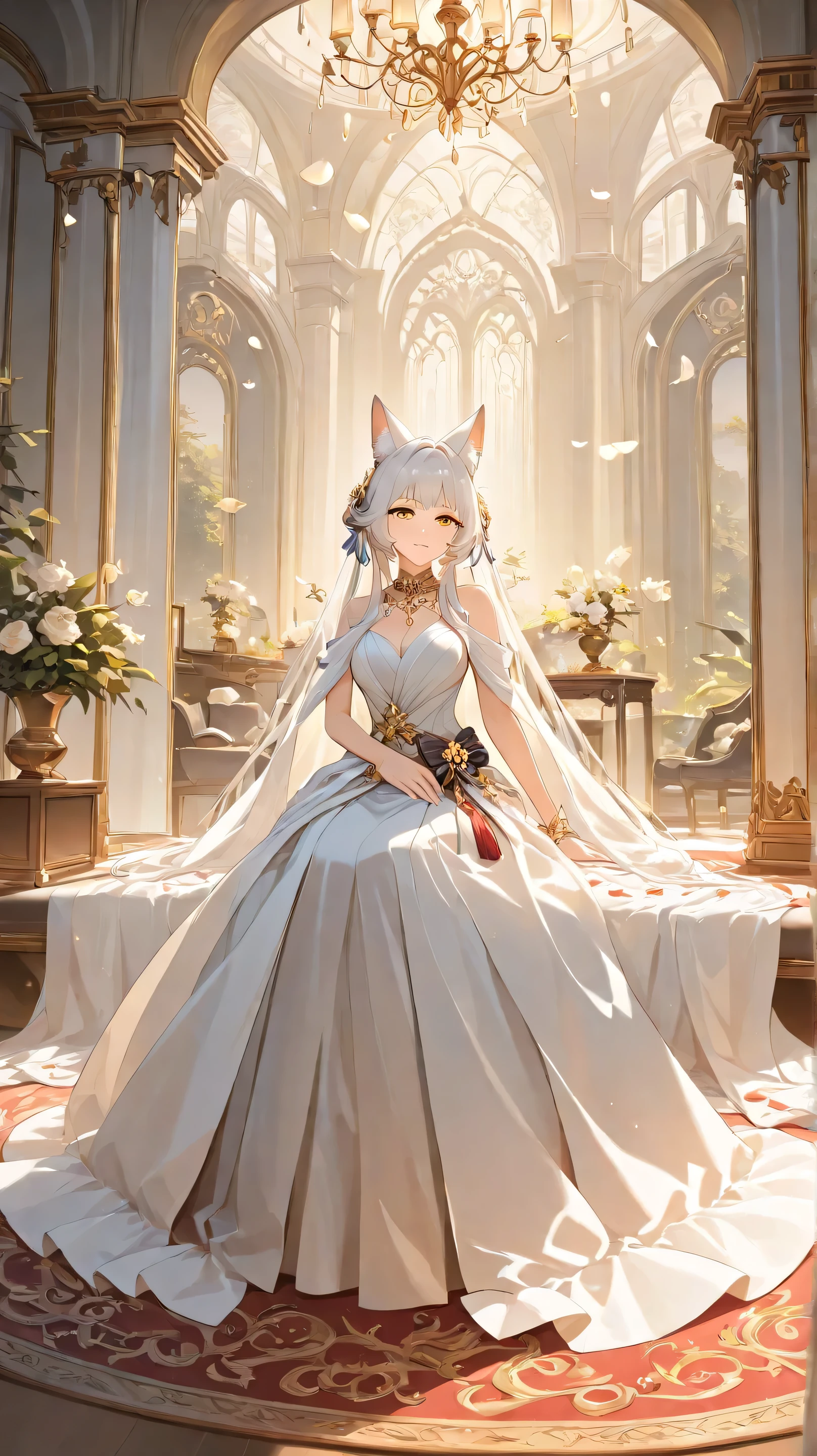 there is a woman with a white dress and a red rose in her hair, anime cosplay, anime girl cosplay, cosplay photo, anime style mixed with fujifilm, cosplay, white haired deity, a beautiful kitsune woman, cosplayer, white cat girl, girl silver hair, nekomimi, anime girl in real life, ayaka cosplay, white hime cut hairstyle