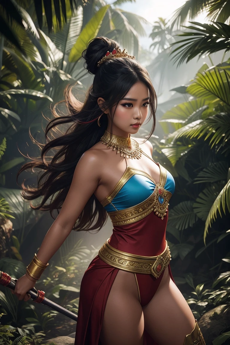 Female Khmer warrior, long black hair, dark brown tanned, Armour on, bangles, Angkor temple, full body, holding weapon, sexy tied hair up, crowd on the head, wearing jewelry, Sak yant tattoos on the arm, curvy body, wear green wrap sarong outfits, dark skinned, cute face, big lips, Diamond shape faces, wide nice nose, defined features on the face, apsara jewelry on, gold leaves jewelry, fighting at war