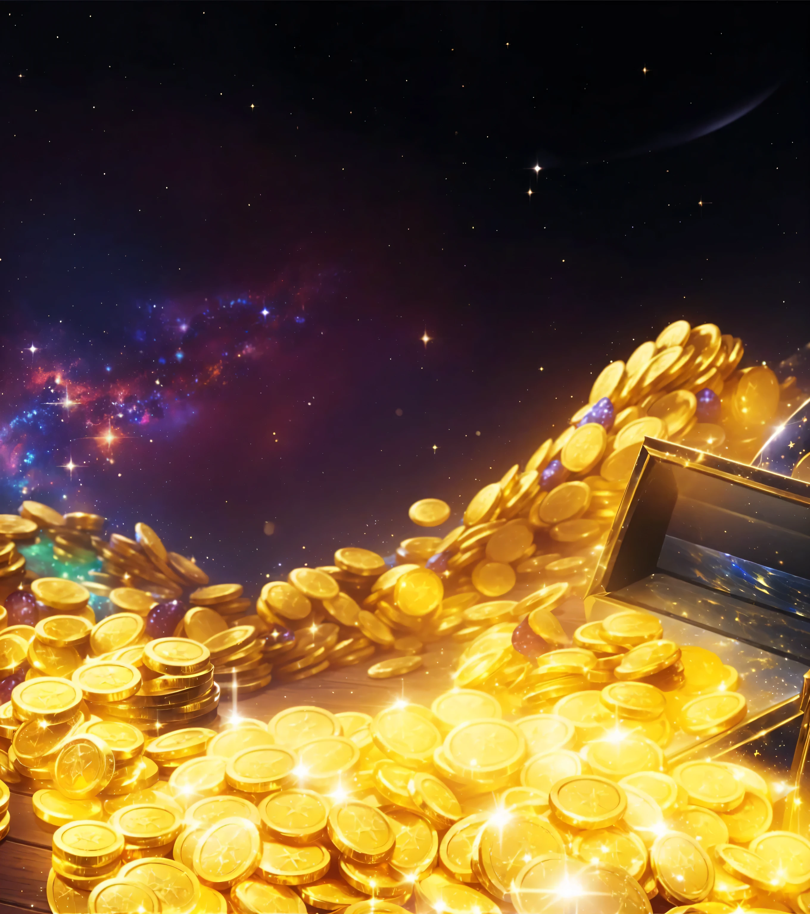 lots of gold coins and a black jar full of gold coins on a wooden table, behind there are also lots of gold , sparkling galaxy sky
