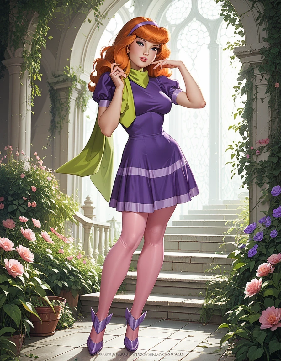 EPsbdDaphne,
orange hair, long hair, black eyes,
purple hairband, green scarf,
pink pantyhose, purple dress, high heels, purple footwear, makeup,
1980s \(style\), retro artstyle, big breasts, sexy pose