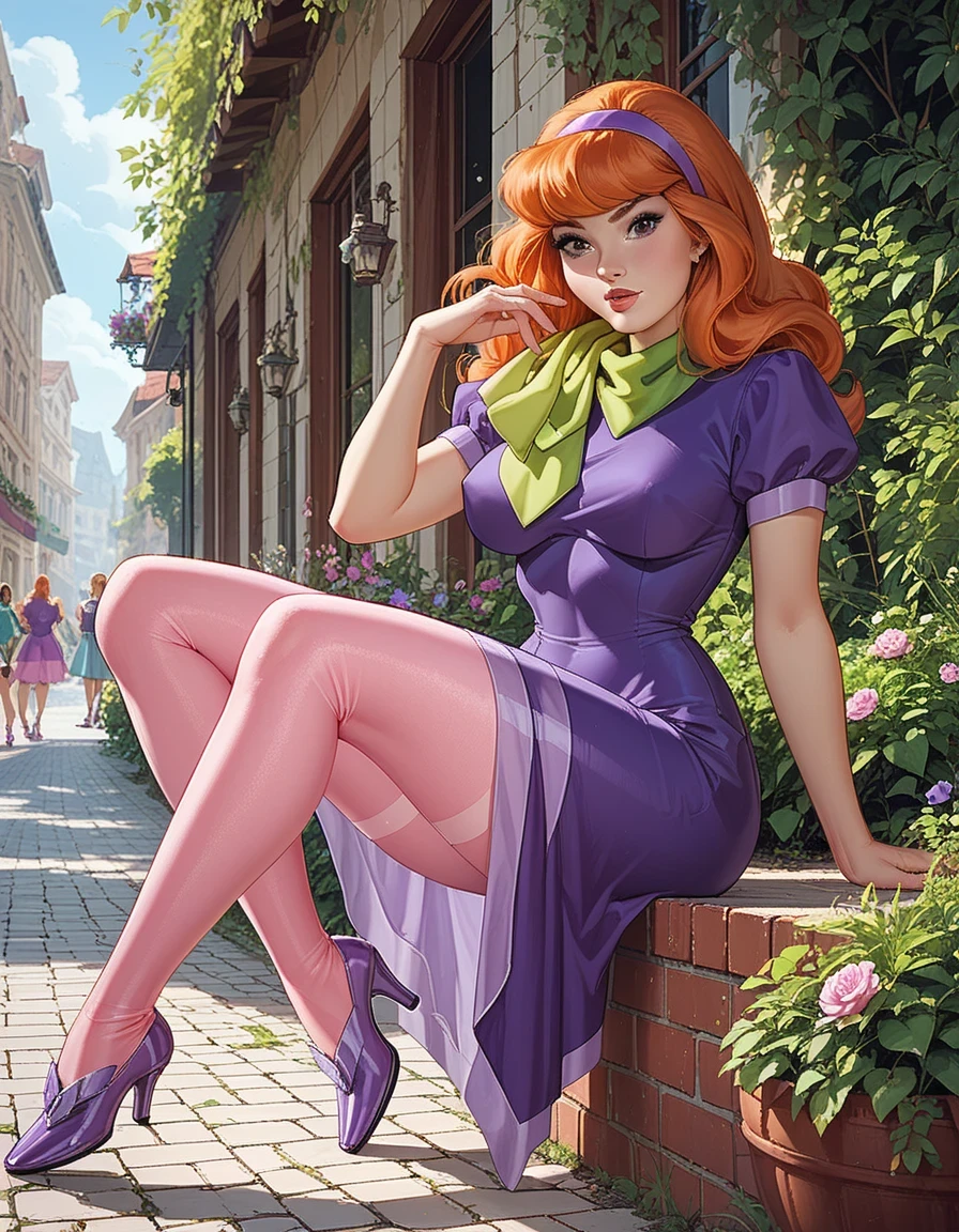 EPsbdDaphne,
orange hair, long hair, black eyes,
purple hairband, green scarf,
pink pantyhose, purple dress, high heels, purple footwear, makeup,
1980s \(style\), retro artstyle, big breasts, sexy pose