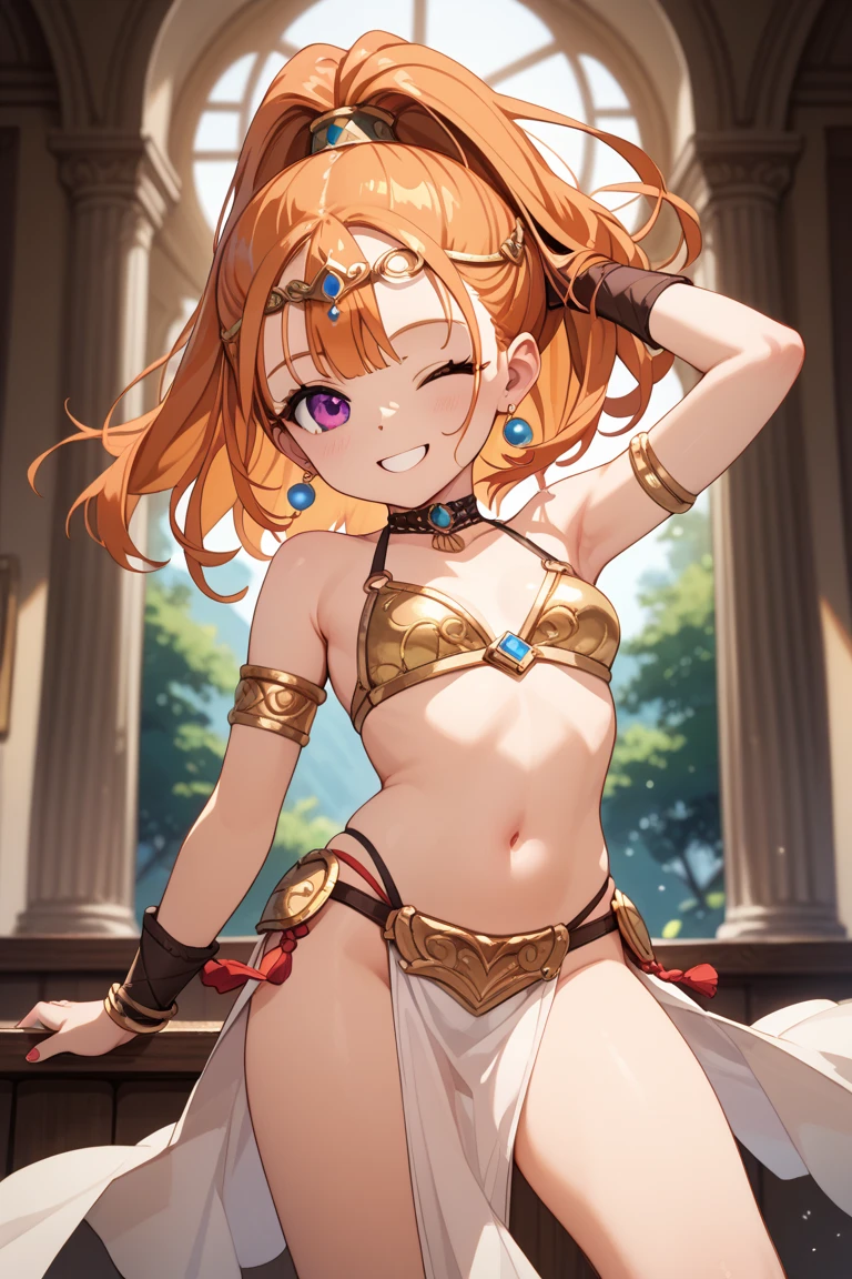masterpiece, best quality, absurdres, perfect anatomy, 1girl, solo, Nanako Kogure, long hair, ponytail, hair scrunchie, arabian clothes, bracelet, breasts, candle, circlet, cup, jewelry, navel, pelvic curtain, ring, smile, solo, arched back, dancer, arms up, standing, <lora:KogureNanako-08:1.0>