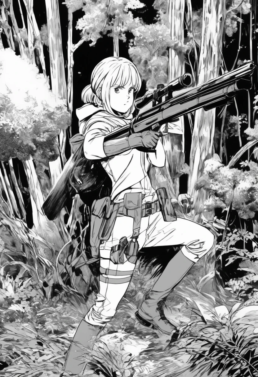manga comic image style from one punch man written, black and white pen style, draw a beauty German woman wear hiking outfit, long blonde hair, action to holding riffle gun, in primeval forest