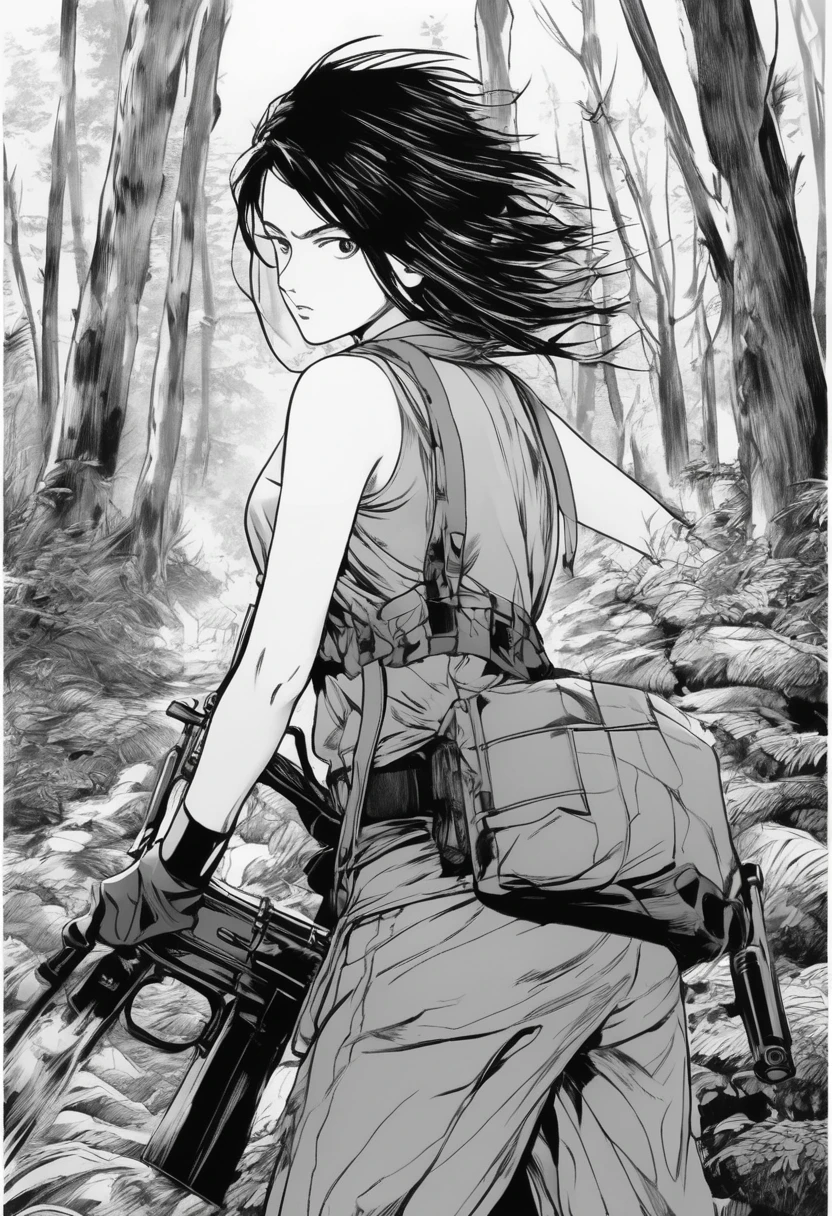 manga comic image style from one punch man written, black and white pen style, draw a beauty thai woman wear hiking outfit, long black hair, action to holding riffle gun, in primeval forest