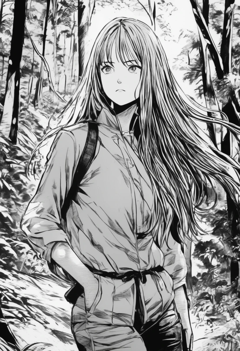 manga comic image style from one punch man written, black and white pen style, draw a beauty thai woman wear hiking outfit, long hair, hold riffle, in primeval forest