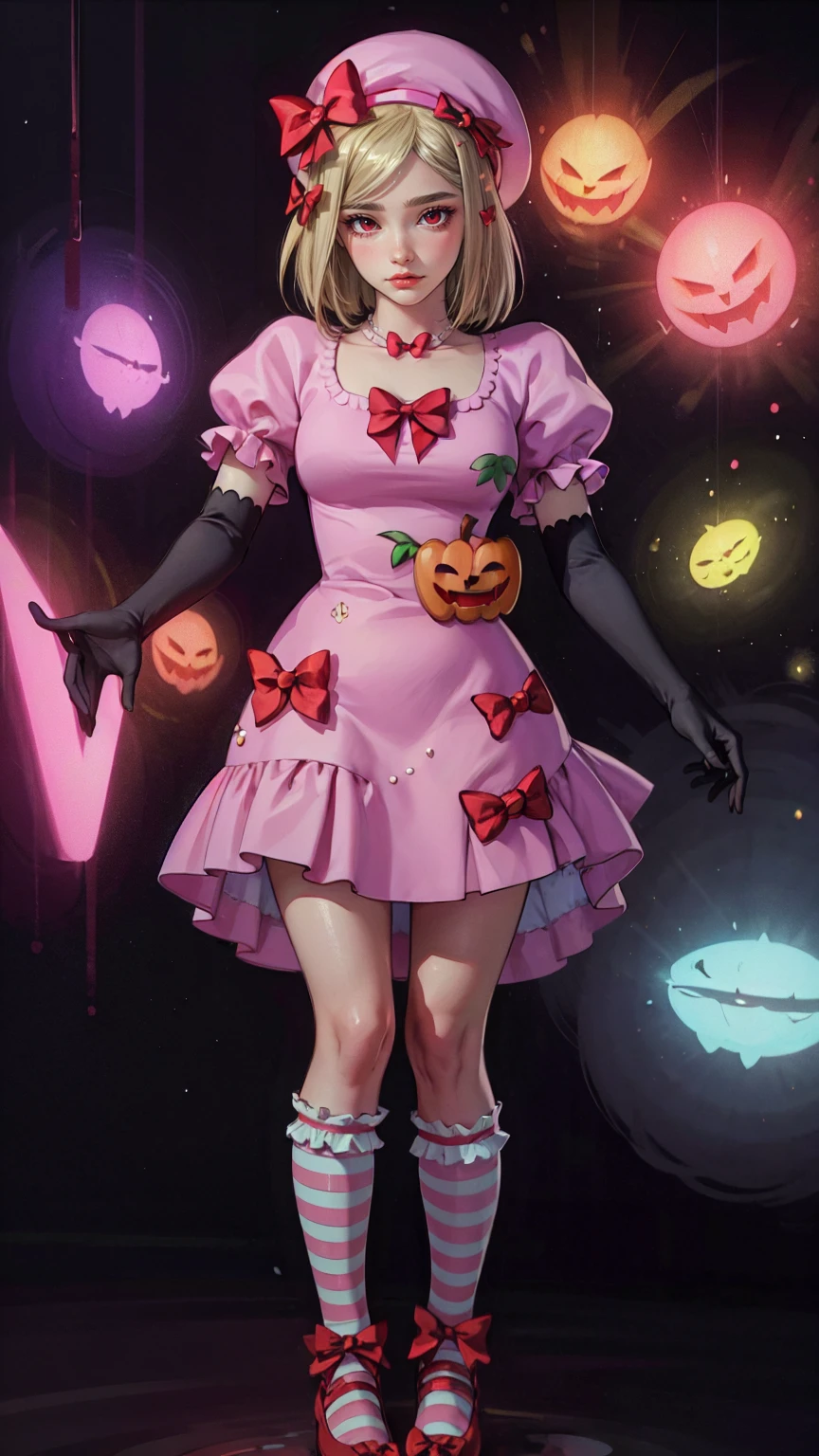 (masterpiece),(best quality), lambdadelta, dress, dress, shoes bow, striped stockings, red bow, pink hat, necklace, gloves, pearl, pumpkin brooch, ((Tight leotard)), ((sexy pose)), ((Wrestling ring)), (Big tits), (Wide hips),looking at the viewer