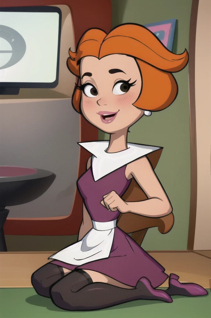 masterpiece, best quality, 1girl, jane, orange hair, short hair, black eyes, makeup, lipstick, earrings, blush, smile, maid outfit, kneeling, stockings, looking at viewer, solo, indoors
