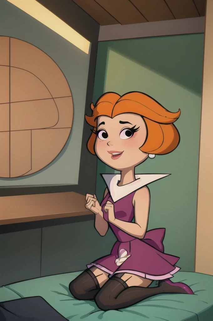 masterpiece, best quality, 1girl, jane, orange hair, short hair, black eyes, makeup, lipstick, earrings, blush, smile, maid outfit, kneeling, stockings, looking at viewer, solo, indoors