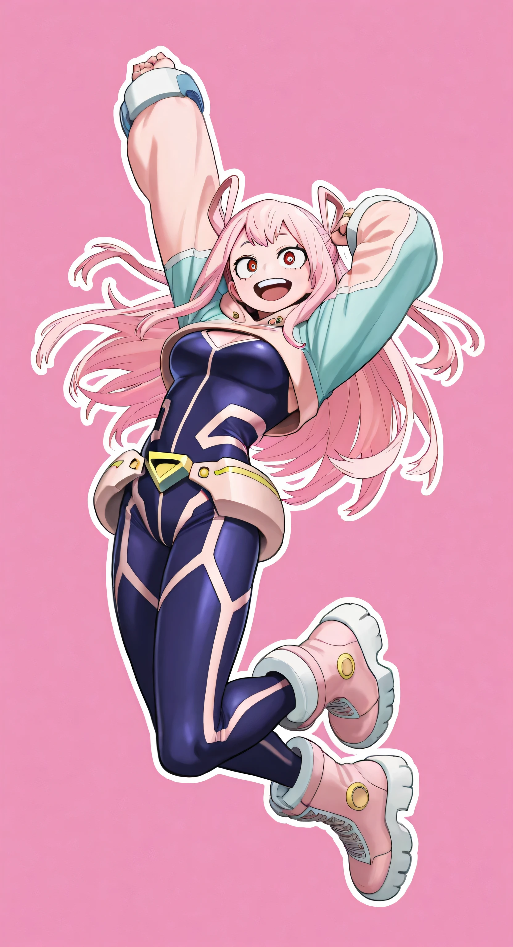 masterpiece:2, best quality:2, highly detailed:2, 8k, gradient pink background, anime, 1girl\(20-year-old, ORC, grinning, athletic:1.2, muscular:1.2, abs:1.2, long legs:1.4, short pink hair, big breasts, pink stockings, pink thigh boots with high heels, revealing clothes:1.2, slender waist, tight butts, beautiful face, pink eyes, dynamic pose\), full-body image:1.2
