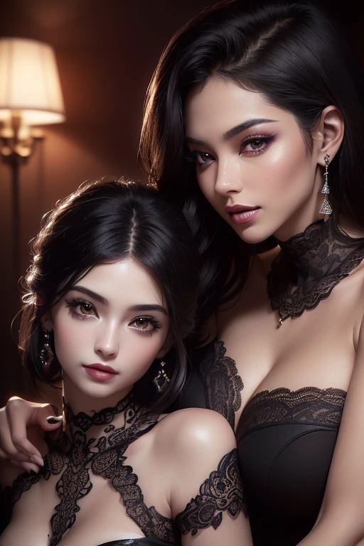 (Two heads), (masterpiece, best quality), best resolution, (2heads:1.5), 1girl, Selena Gomez, wearing ((black silk puffer coats, fur hoods), silk bras), ((touching each other's coats and bras)), smiling, seductive, large breasts, silk panties, hugging, moncler