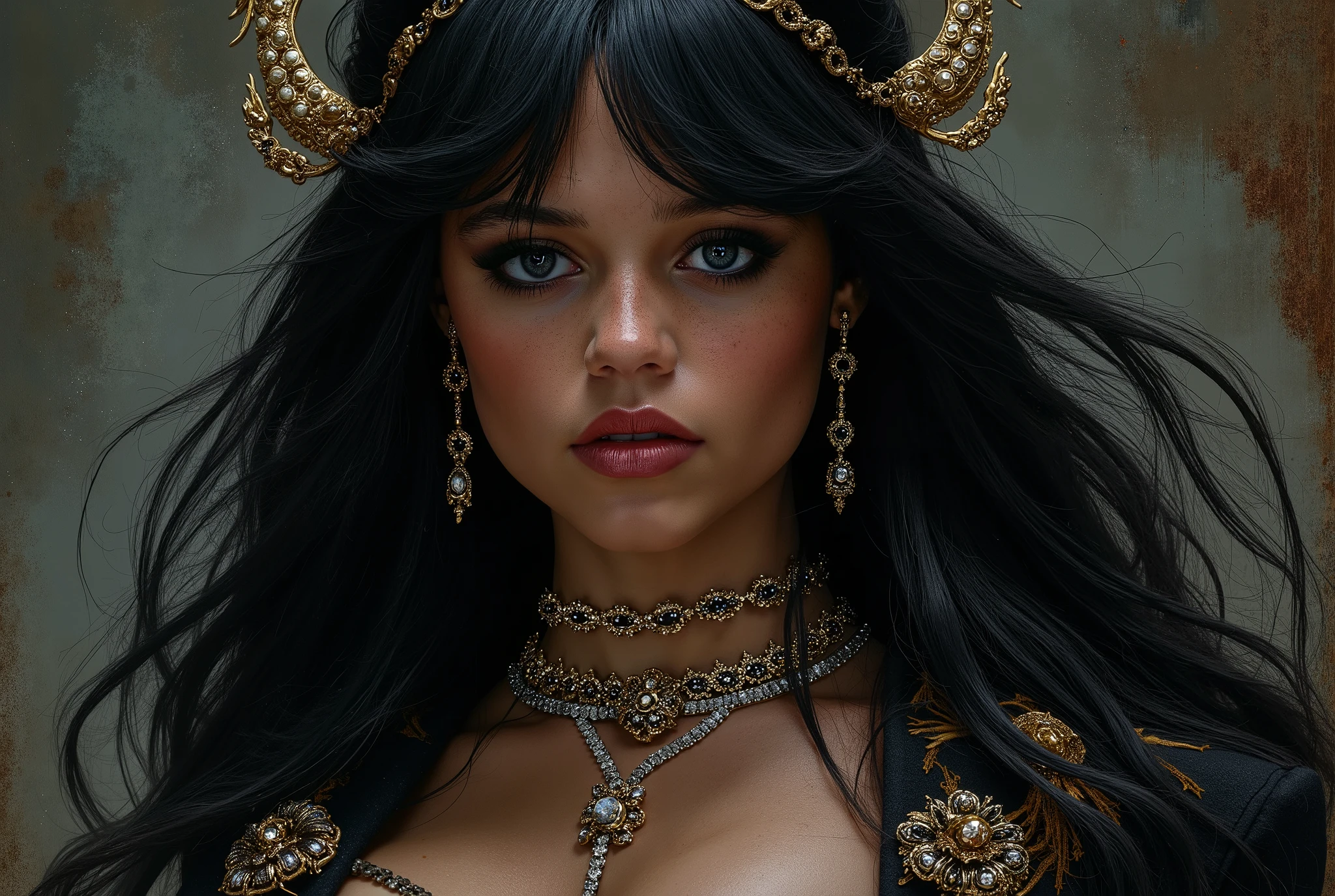 An extremely detailed fantasy art illustration of an extremely curvaceous pirate queen portrayed by a young Phoebe Tonkin wearing an elaborate pirate inspired outfit in an art style inspired by Frank Miller and Conan the Barbarian. The character has slightly distressed long black hair and striking blue eyes. The artwork pays extraordinary attention to detail in both the character's features and the intricate decorative elements of her clothing. The background is rendered in dark, moody tones, which helps emphasize the character's sinister nature. The artistic style appears to be digital art with a realistic approach to rendering.