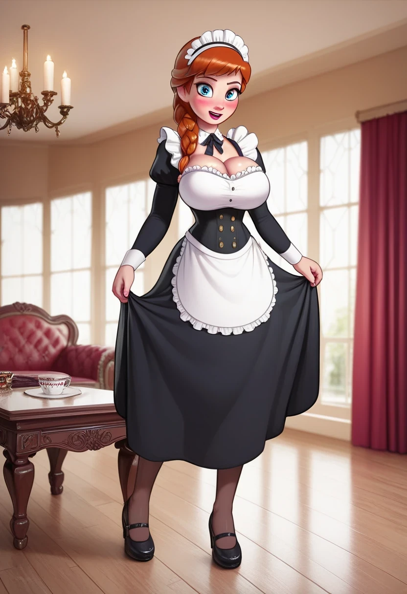 woman, ((Masterpiece, best quality)), full body view, bursting huge breasts, detailed skin, Anna from Frozen as a maid, maid clothes, clileaning the living room,  highly detailed, cinematic lighting, ultra realistic, blush, looking at viewer, anna, anna from movie Frozen.