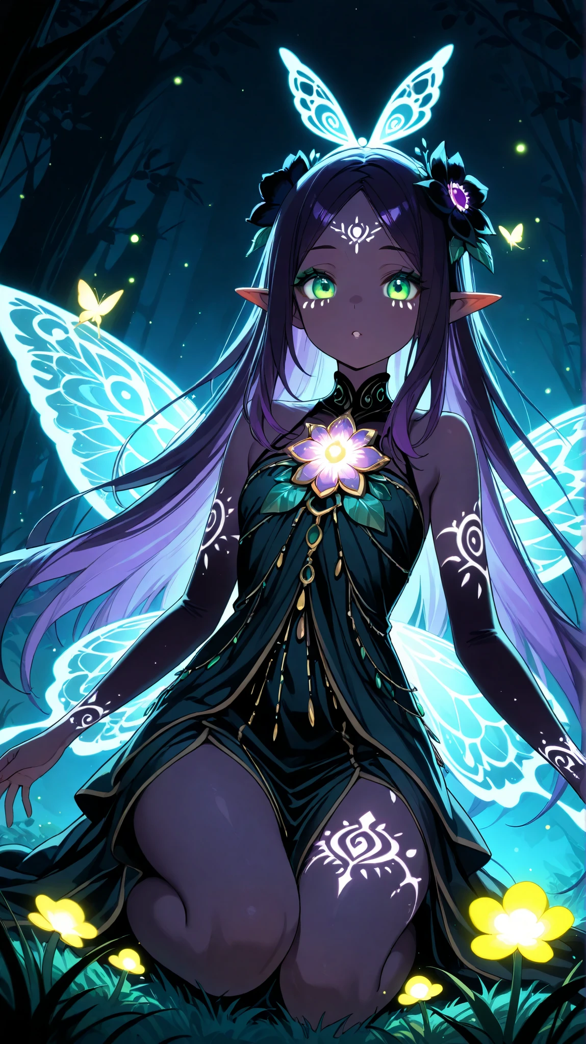 Cosmea is a dark faerie, she is a subject of the kingdom of fairies, Avalon. She lives on the edge of the Twilight Forest where it is always dusk, there are flowering trees and grass that have characteristic black and blue shades, and mushrooms and flowers have bioluminescence and are one of the few sources of light in that place, past fireflies and moonlight. Cosmea has dark purple skin with a pearl highlighter. she has luminous tattoos moon on her face arms and legs. She has long pointed ears. Cosmea has a petite asthenic physique. She has dark violet hair that is always combed back by the wind as she flies on her luminous butterfly wings all the time. She is dressed in a black floral mini dress woven from cobwebs and petals of black flowers.
