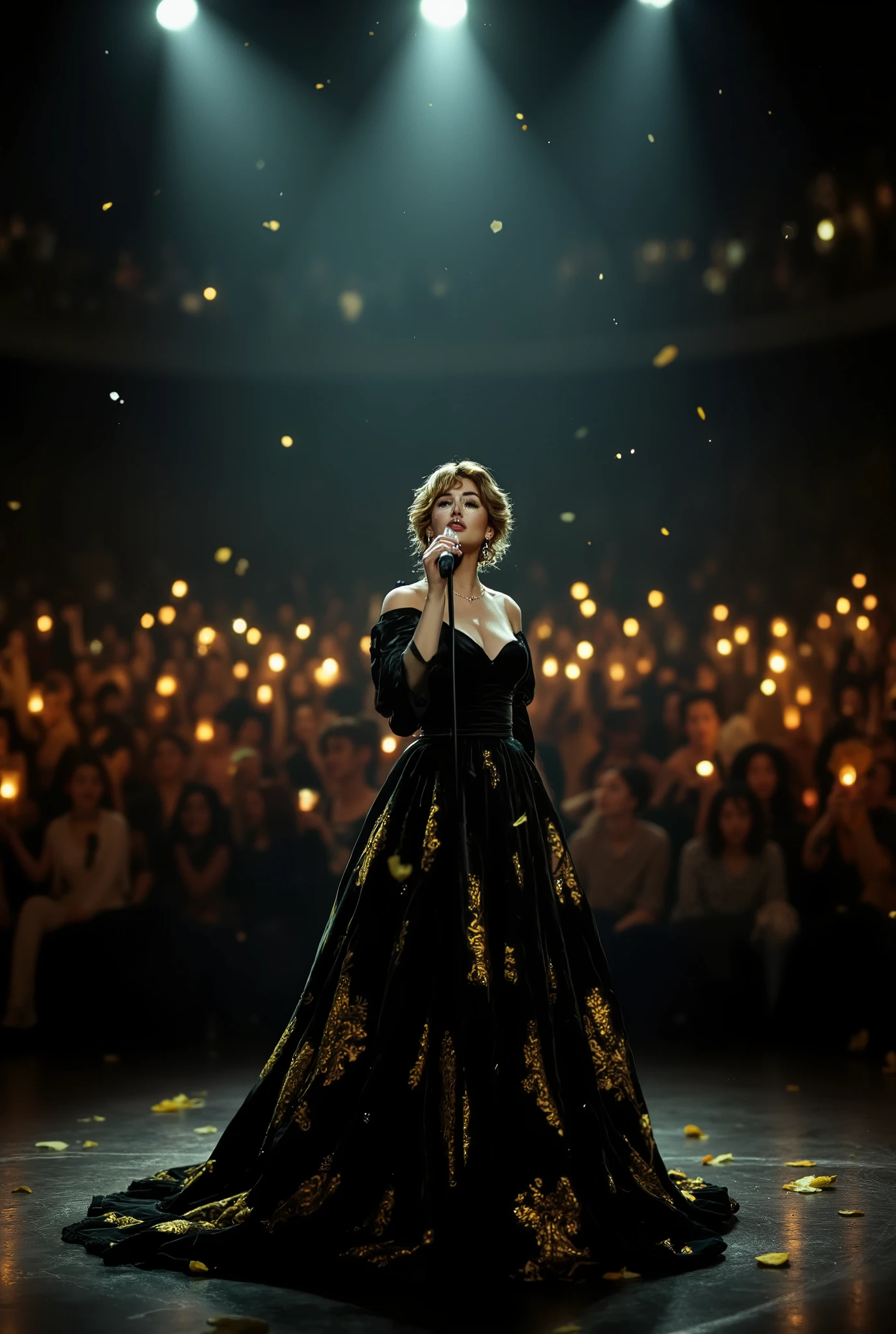 Beautiful Scene with Spotlights in the Night, stars, dark, muted lighting , street, Beautiful lights across the stage, Petals Fly in the Air fall beautifully down the wind like a circle, Beautiful Girl in a Velvet Ball Gown with sparkles and Yellow pattern, One right side strap and Beautiful oval neckline, beautiful body shapes , Gorgeous and Beautiful, Very Beautiful Hairstyle with a Curl and A Little Glitter Polish, Earrings and Small Neck Necklace, writing in hand holds microphone , The colors, The audience holds lighters with a small light, Masterpiece , 8 k, Best quality, maximum details, complex details, high resolution, perfect, Exactly, Wonderful, cinematic style,