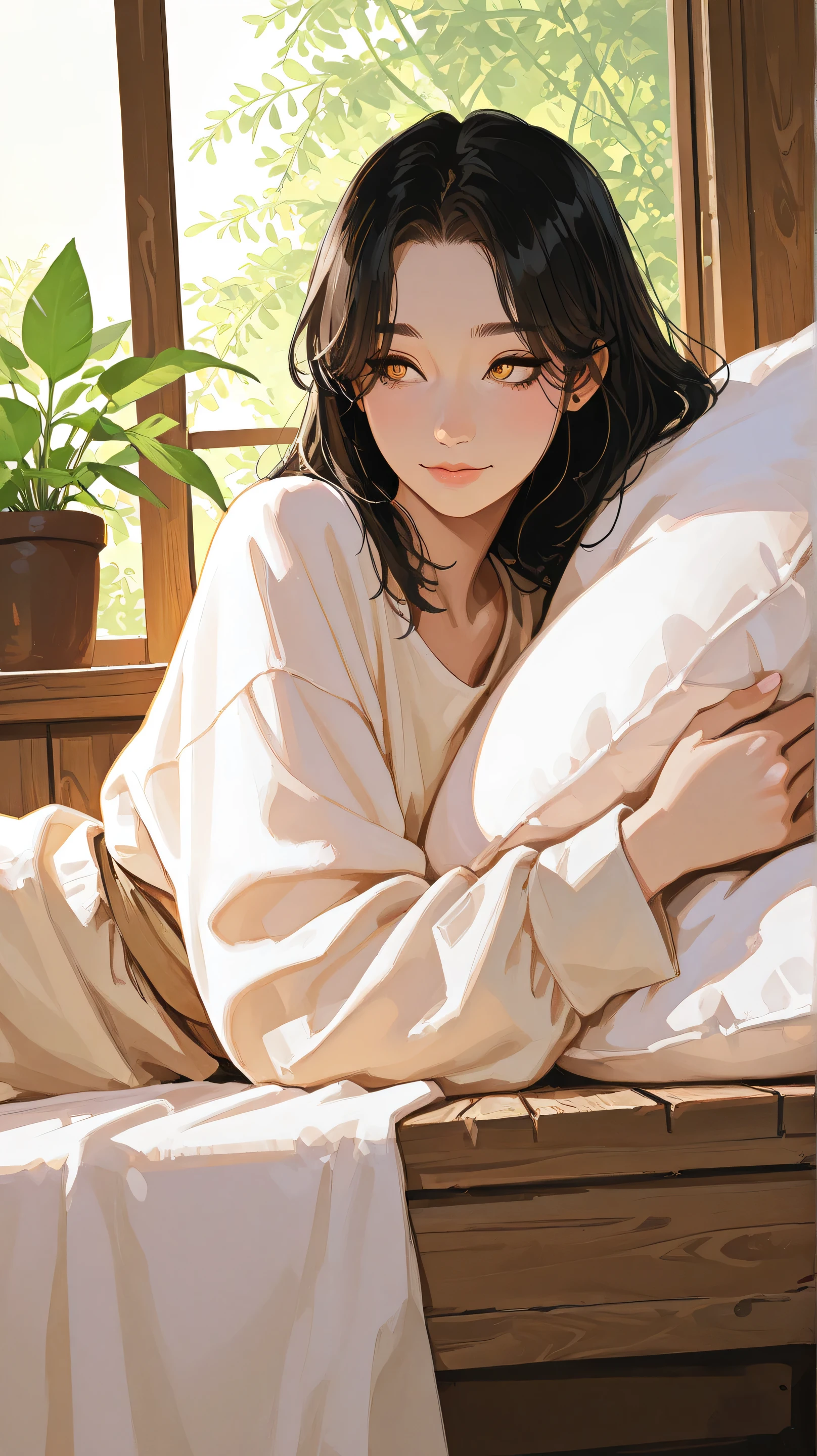 Masterpiece, Best Quality, Top Quality, Very Detailed, Anime-style illustration of a beautiful young woman with long, dark hair and golden eyes, resembling a mystical or supernatural being. She is lying on a soft pillow, bathed in warm golden sunlight streaming through a nearby window. The cozy, elegant background features a modern yet tranquil interior with lush green plants, wooden furniture, and soft ambient lighting. Her serene expression and delicate features create a peaceful and intimate atmosphere, with a dreamy and ethereal aesthetic.