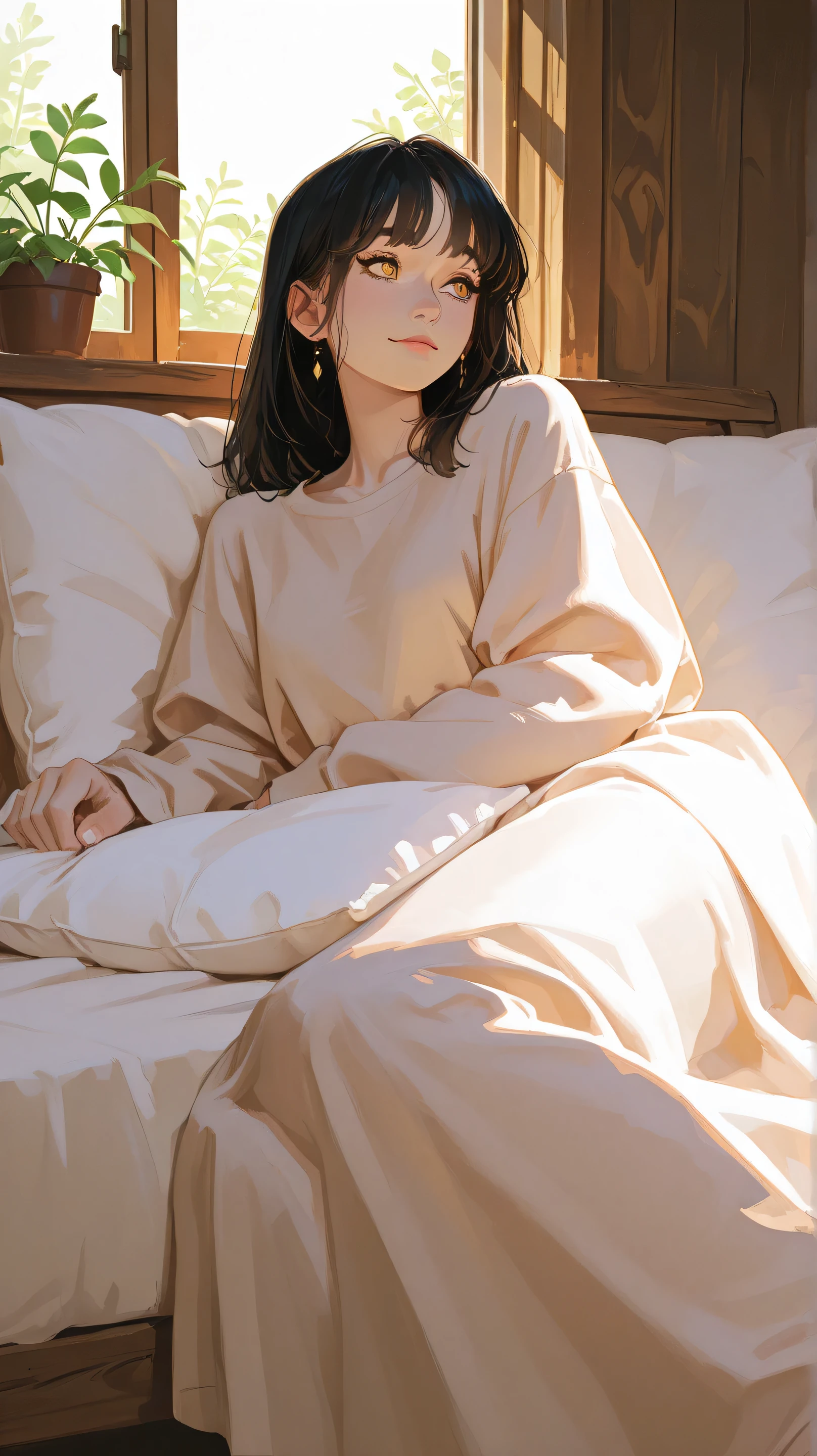 Masterpiece, Best Quality, Top Quality, Very Detailed, Anime-style illustration of a beautiful young woman with long, dark hair and golden eyes, resembling a mystical or supernatural being. She is lying on a soft pillow, bathed in warm golden sunlight streaming through a nearby window. The cozy, elegant background features a modern yet tranquil interior with lush green plants, wooden furniture, and soft ambient lighting. Her serene expression and delicate features create a peaceful and intimate atmosphere, with a dreamy and ethereal aesthetic.