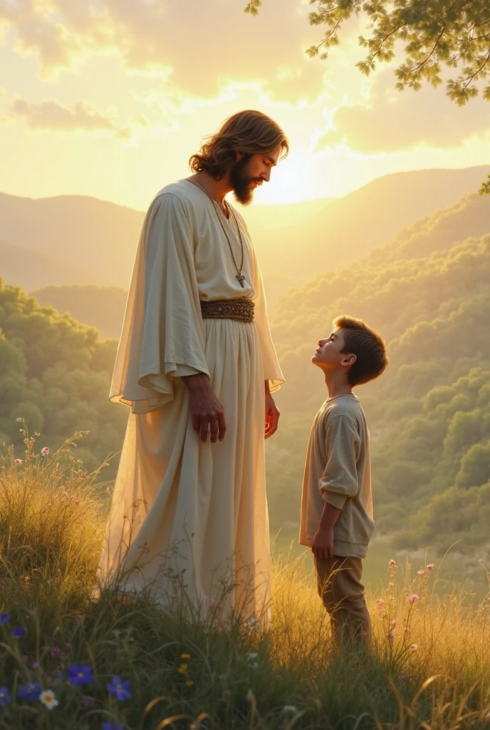 Jesus Christ is standing in morning seen with a boy - SeaArt AI