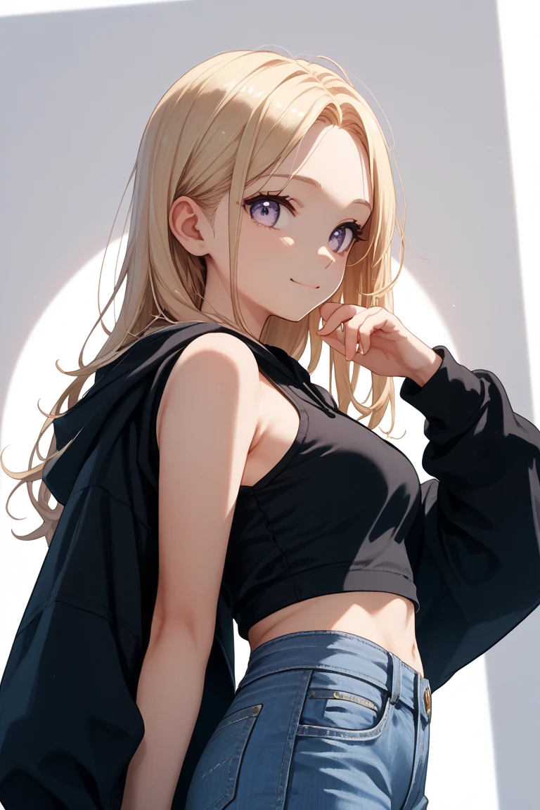 2D Illustration, anime, a painting portrait in fine arts, in manhwa style, {{Bishamon de noragami}}, 30 anos de idade,, mulher,1 garota, loiro, cabelo longo, olhos roxos, inventar, lindo, High definition, Obra de arte, melhor qualidade, alto detalhe, alto detalheed eyes, Grain Filter, detailed lips, high resolution, ultra-detalhado, retrato, mulher caucasiana, realistic proportions, Anatomicamente preciso, bochechas rosadas; alta qualidade, premiado, high resolution, 8K, ((altamente detalhado:1.3), com volumosos cabelos ondulados, With peach loiroe bangs and olhos roxos and voluminous lips, {{cropped preto}, ((jeans curtos)), Anime style illustration, Ganhar
