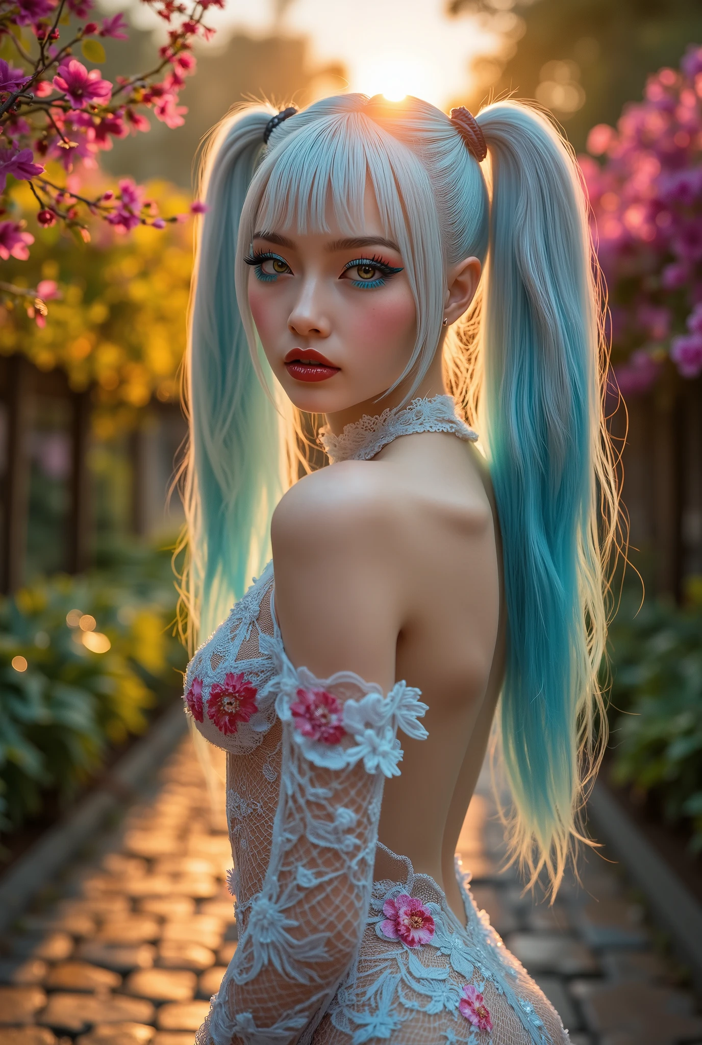  [Style: "masterpiece, realistic (Photorealistic realism), Hyper high resolution, (ultra quality, intricately detailed digital art), focus on extremely Realistic Proportion Body"] (Key Directive: "Prioritize anatomical accuracy and material textures") "Portrait of {a woman with, wearing a dress, standing in a garden | ultra realistic texture details: velvety skin, hair}" {Character: "20-year-old white woman, ((full and firm breas:1.3))" | Face: "symmetrical, pale skin, full lips" | Eyes: "((sharp focus, no blurry eyes, Hyper absurd quality, Hyper details, Hyper realistic green eyes:1.4))" - "((extra narrow eyebrows))" - "(Carefully draw Long blue_mascara:1.25)" - "(perfect round eyes)" | Makeup: "detailed lips:1.3, (apply glossy red_lipstick:1.25)" | Hair: "white with pigtails, blue bangs (setting light reflections: 0.5)" | Pose: "dynamic side position" | Outfit: [Top: - "White Dress made of (clothes made of silk and flower, lace fishnet, tight fitting dresses:1.25)] [Bottom: "Ruffled Black Gothic Punk Skirt (lace with fishnets, white lace-up:1.25)]" - "Ultra intricate detailed ((she is the embodiment of beauty and allure, Dressed in a breathtaking and sophisticated floral bodysuit, elegant and sophisticated fashion:1.3)) | Environment: "garden street at sunset (((rain-slick cobblestones), colorful flowers, cherry blossoms))" | (Post-production: "chromatic aberration: 0.7") (Rendering engine: "Unreal Engine 5 path tracing, 16K texture maps"). The ultra-Highres,Unreal 5,Subsurface scattering,PBR Texturing,Post-Processing,Anisotropic Filtering,depth of fields,Maximum Sharpness and Sharpness,multi-layered texture,Albedo and Specular maps,Surface Shading,Precise simulation of light-material interactions,perfectly proportions,Octane rendering,Two-tone illumination,Wide Aperture, low ISO, white balance, The rule of thirds }