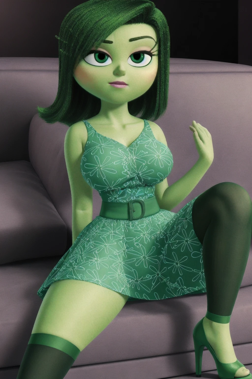 di_st, 1girl, green hair, green eyes, looking at viewer, squatting, front view, spreading legs, platform heels, score_9, score_8_up, score_7_up, upskirt, looking back, nsfw, ass, ass focus, looking at viewer, sexy slutty panties, thighhighs, blush, cameltoe, upskirt, sexy tongue panties, Wear sexy lingerie, slutty lingerie (((Luxury underwear))), blushing, smiling, camel toe,inside in room,Masturbation,Bend over,Back view, Get on all fours and pose with your legs spread, Your butt is facing you,Looking back behind, showing her ass, laying on bed, looking at the audience, seductive expression, blushing, all on fours, perfect and beautiful face, perfect and cute face, (Subjective point of view, view from above), (sexy dark underwear), bubble but, thigh highs.