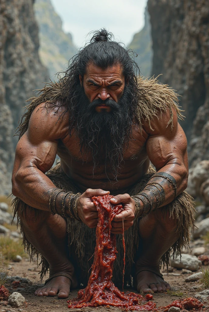 Bloody Caveman, surrounded by animal bodies