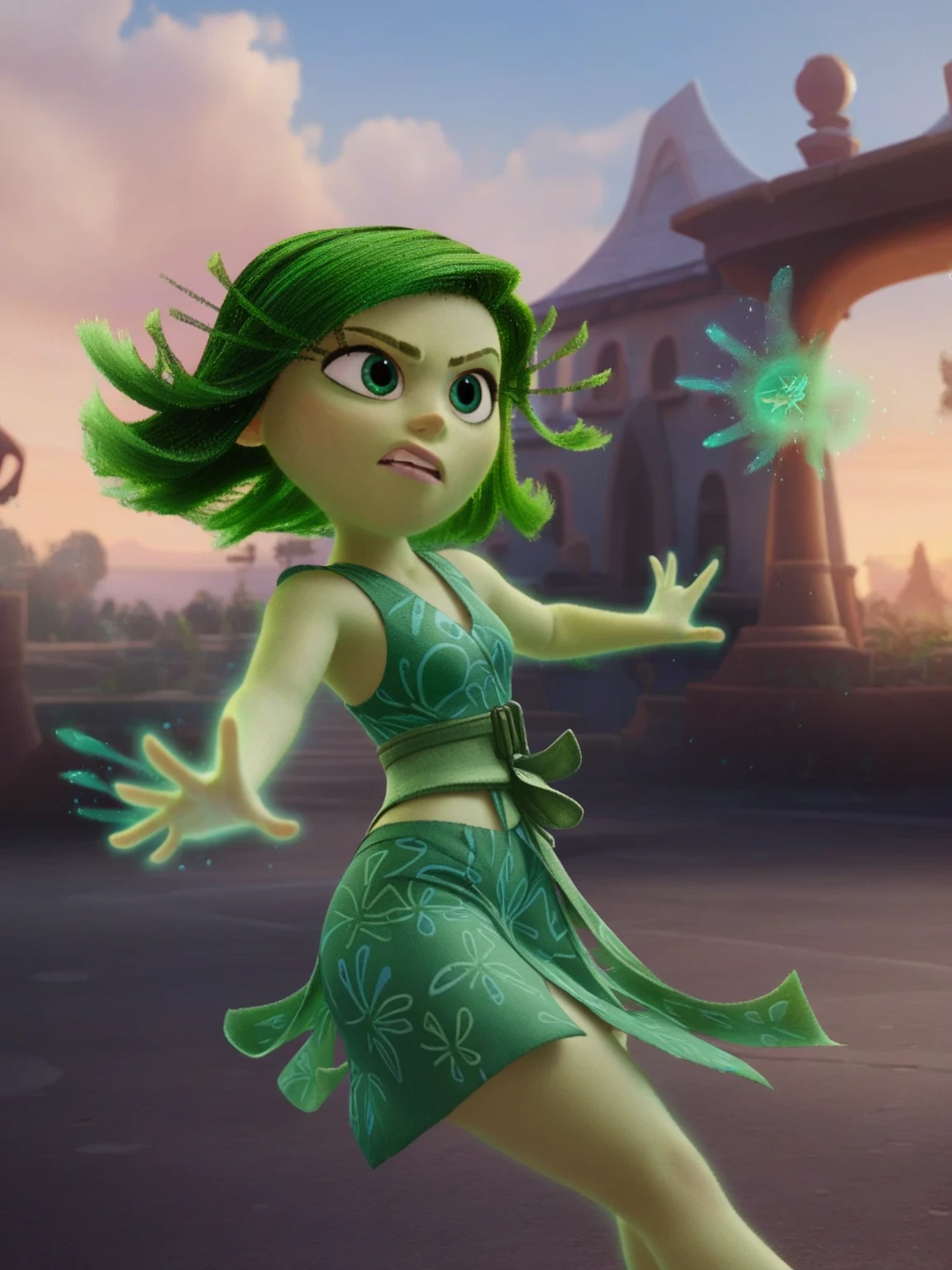 di_st, 1girl, green hair, green eyes, mage, magic, epic pose, score_9, score_8_up, score_7_up,