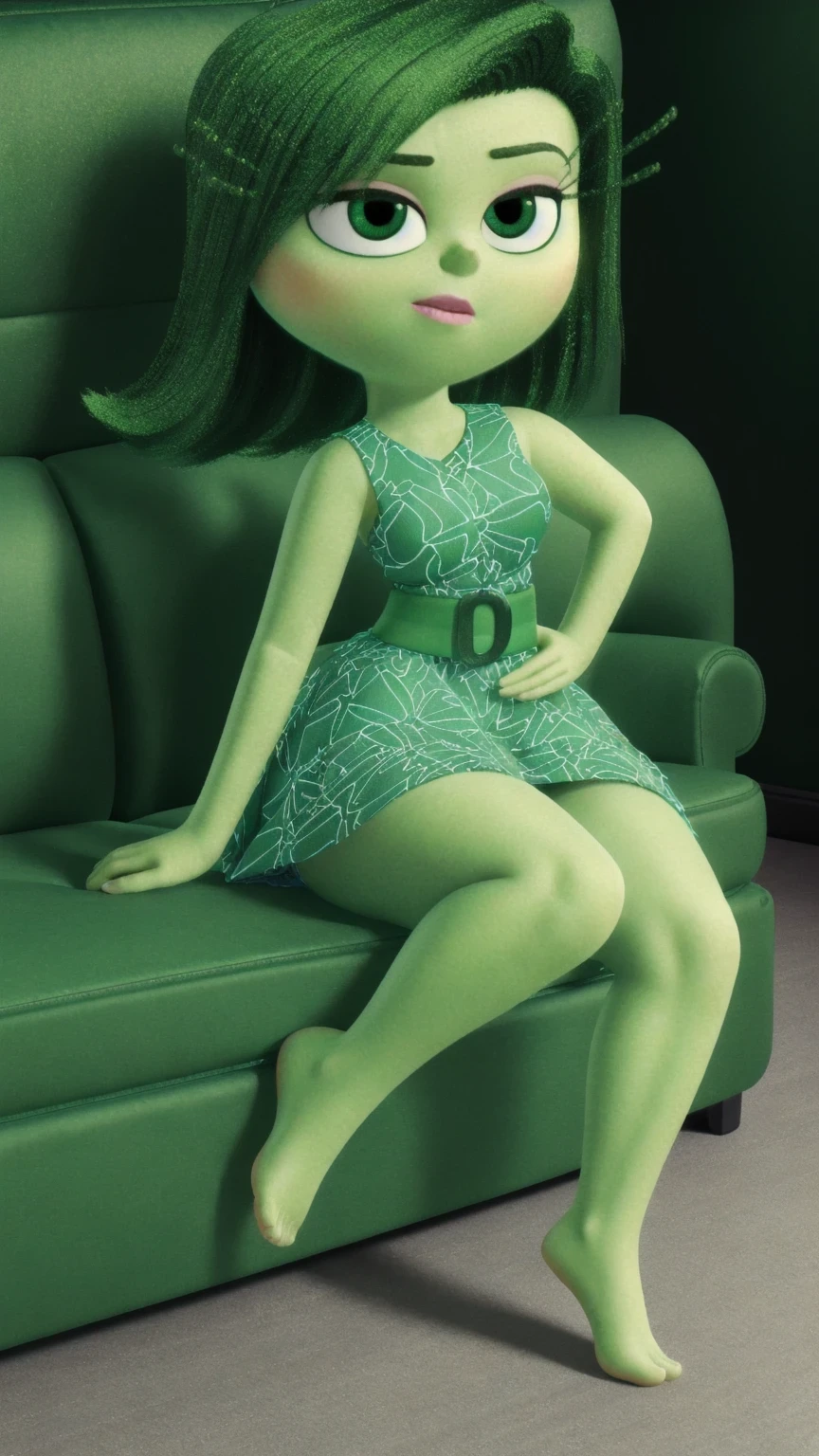 anatomically correct, masterpiece, best high quality, RAW Photo, perfect anatomy, 4k, quality lighting, detailed hands, detailed feet, detailed eyes, solo, female character, green dress, mini skirt, green hair, green skin, medium thighs, medium hips, medium breasts, bedroom, sit on a chair, barefoot, full body view, tied ankles together, tied arms, disgust face, tape gagged
