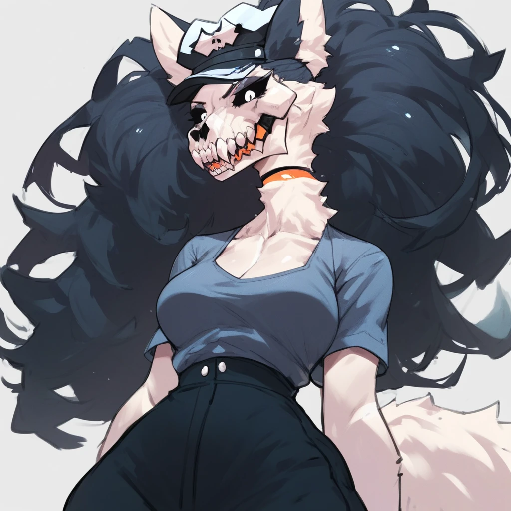 Mammal, Top quality, bold lines, masterpiece, high resolution, 1woman, furry, anthro, close up shot, full body, hi res, absurd res, SCP-1471, MalO, cute skull, shy expression, blush, female, MalO body, croptop, underboob, sideboob, tiny skirt, spread legs, Sensual, athletic, black straight hair, long haircut, black fur, detailed fur, cute hands, detailed hands, side view