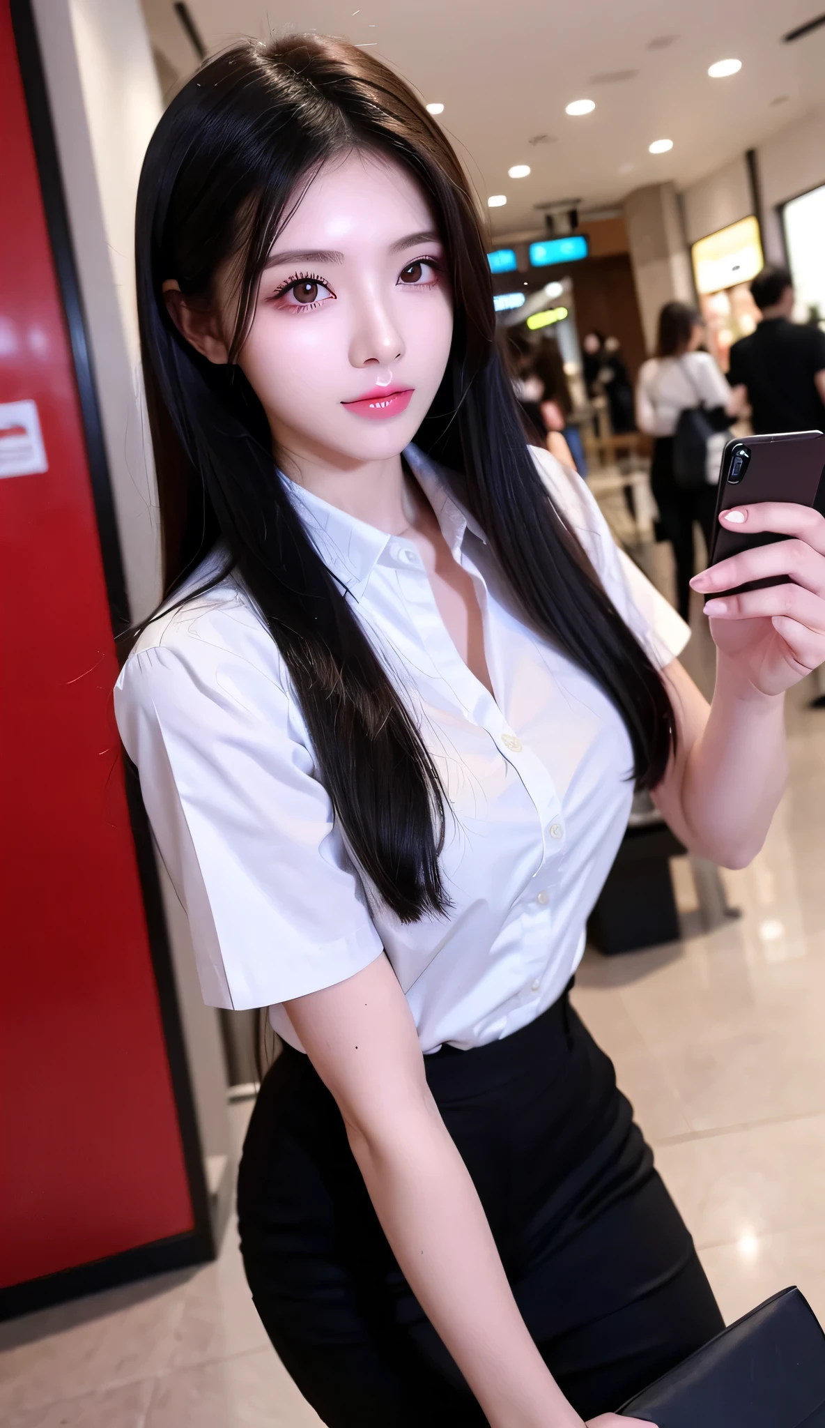 1 Girl,Lobby,sofa,Soft Light,Chinese Beauty,Tight Fit,Uniforms,Dark-haired,long hair