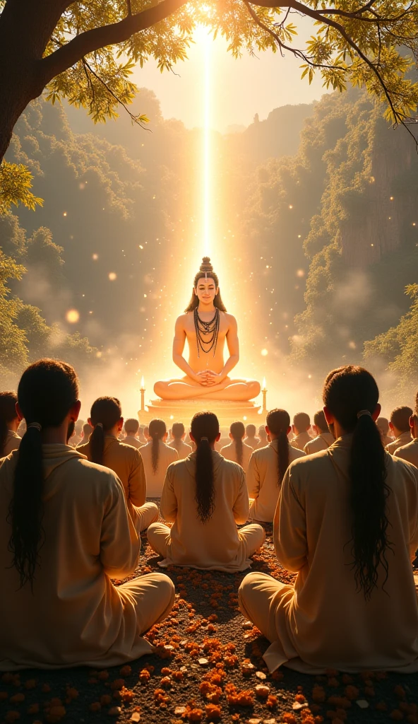 Lord shiv  meditating , photorealistic art , crowd sitting folded hands on ground landscape, mystic atmosphere,  sikh logo above the crowd in sky golden light comi g from holy crowd with closed eyes and radiant light from back . 