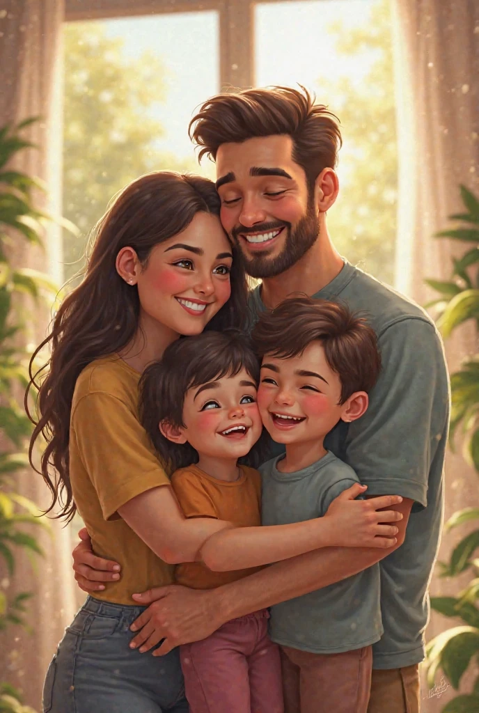((Highest quality)), ((masterpiece)), Family of 4，2 children,smile,They are hugging each other,Pastel illustration