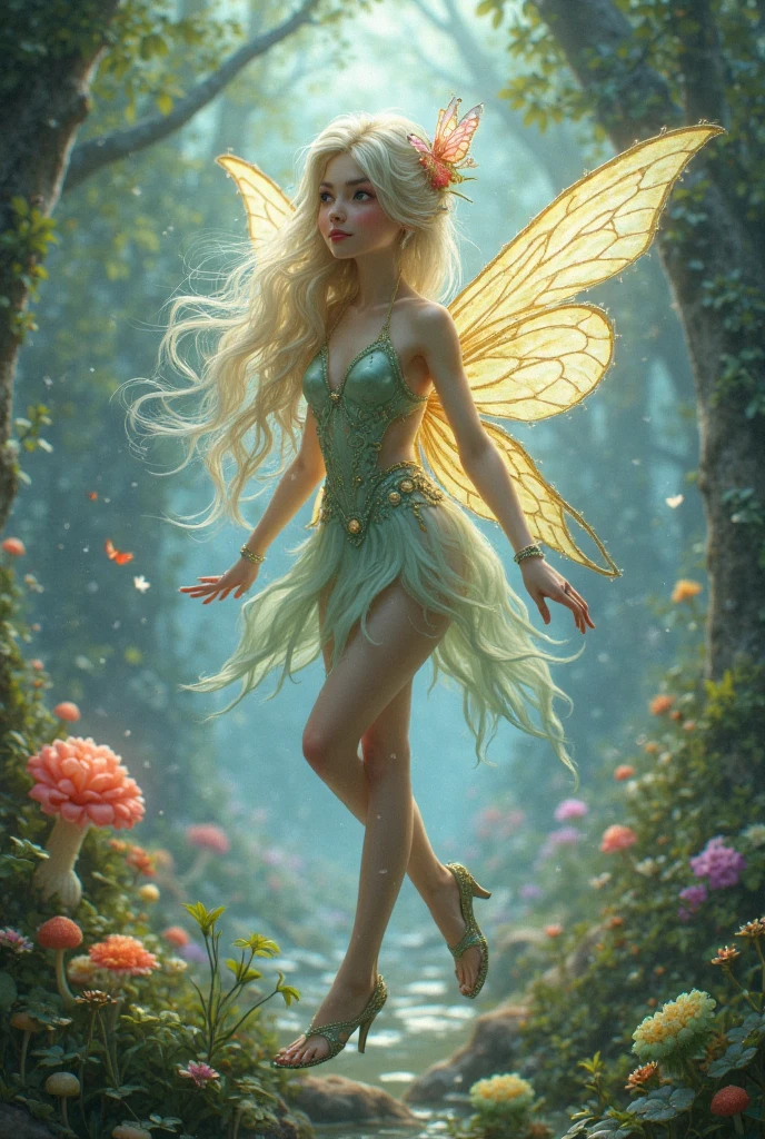 (medium full shot) of  (ethereal fairy) young woman, french, bright green eyes, light skin, petite,             wearing a __cf-fairy/dress__, delicate lace-up sandals, golden curly hair with glitter highlights, sparkling fairy wings, iridescent lip gloss,shimmering arm cuffs, surprised, open mouth, running toward the viewer, set in  a fairy-tale garden, where every flower is perfect and the paths are lined with glowing lights, creating a magical atmosphere , at dawn, Masterpiece,best quality, photorealistic, amazing quality, very aesthetic, extremely detailed face,