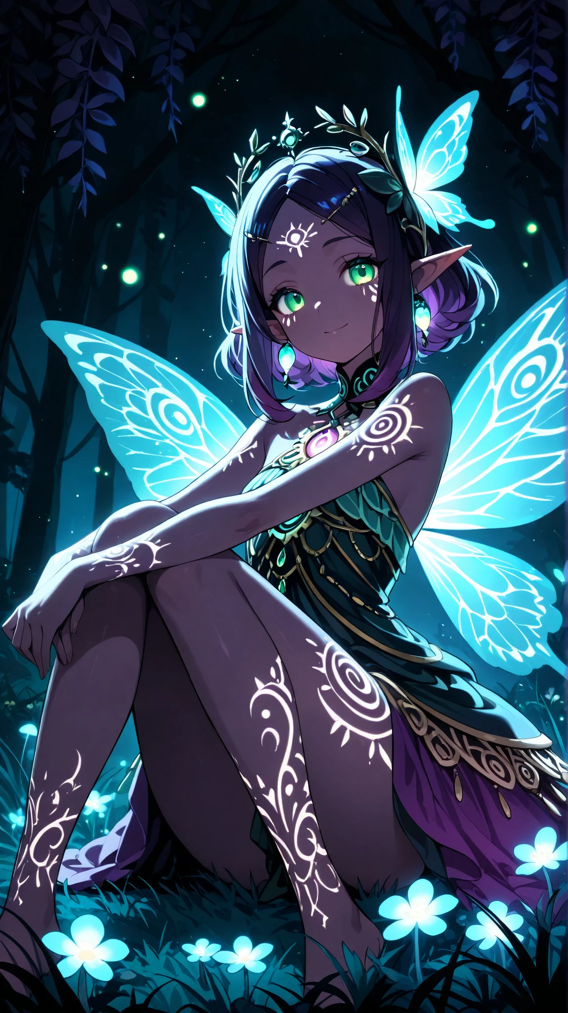 Cosmea is a dark faerie, she is a subject of the kingdom of fairies, Avalon. She lives on the edge of the Twilight Forest where it is always dusk, there are flowering trees and grass that have characteristic black and blue shades, and mushrooms and flowers have bioluminescence and are one of the few sources of light in that place, past fireflies and moonlight. Cosmea has dark purple skin with a pearl highlighter. she has luminous tattoos moon on her face arms and legs. She has long pointed ears. Cosmea has a petite asthenic physique. She has dark violet hair that is always combed back by the wind as she flies on her luminous butterfly wings all the time. She is dressed in a black floral mini dress woven from cobwebs and petals of black flowers.