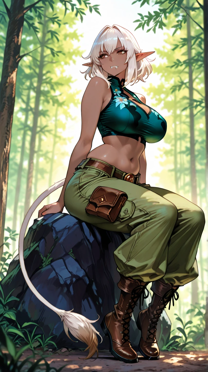 top quality,(masterpiece),(((Full body image))),(girl1), (very detailed face),, (Tanned face:1.6), (dark skin:1.6),(shorts:1.3),(Camouflage Pattern Tube Top:1.3),(Brown Leather Boots:1.2),,in forests,In the jungle,Woman in survival mode,sweat a lot,Tropical forests,During the break,sit on the ground, Legs crossed, Beautiful, beautiful buttocks, sex,