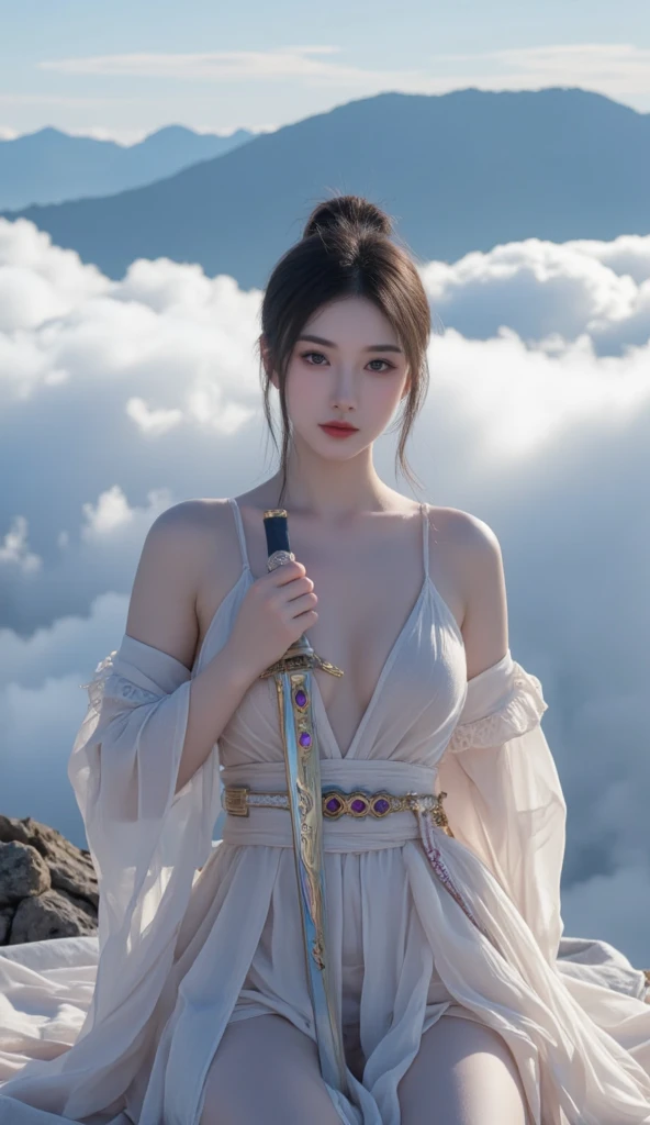 Young woman, goddess, (((Blue and red eyes))), Beautiful makeup, bright red lips, Short white lace dress, (thin), hair, (hairสีดำ, hairตรง, hairยาวมาก), milk, (big breasts, เต้าmilkใหญ่, breast augmentation), shape, (small waist, ร่างกายthin), (majestic, Charming Succubus), (Short white dress, tight fitting, gold pattern), (Red coat, floating cloak), (Few pieces of armor), (dynamic poses), (holding sacred weapons, long staff, antique walking stick, Sorcerer's Staff, Witch's Staff), CG, Realistic resolution, 8K, light transmission figure, fight, Monster, Magic, beam, (sky backdrop, cliff, meadow, Dungeon, historic site),
