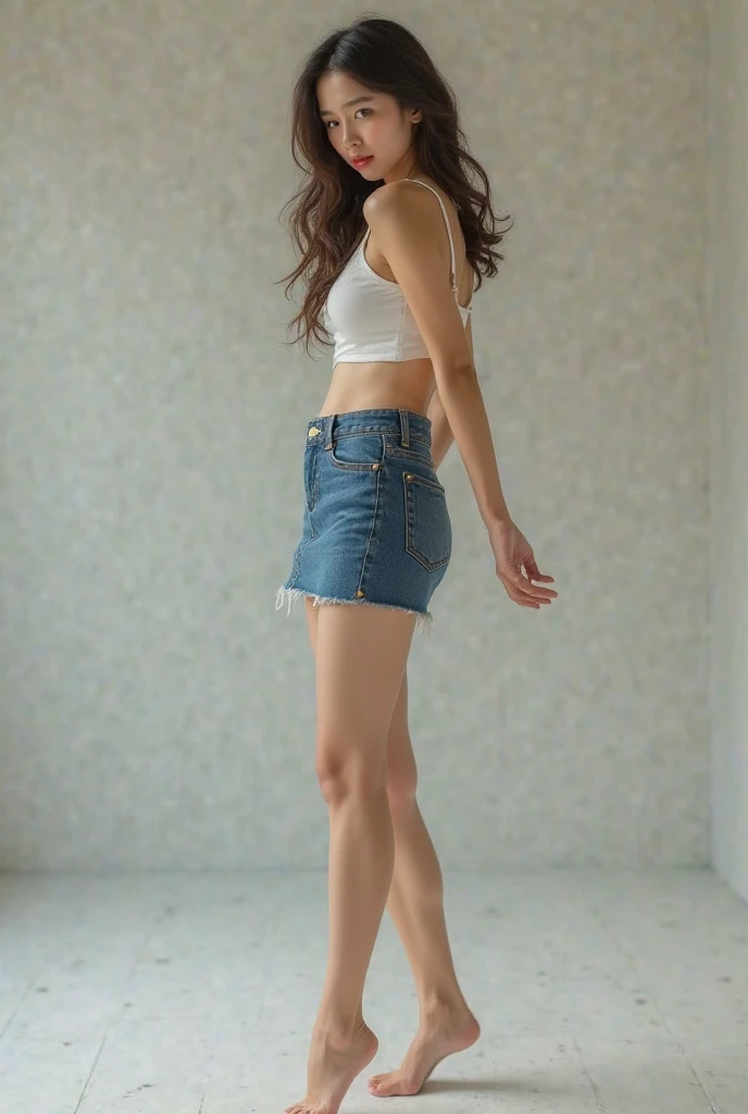 open shirt, (((Leaning forward))), ((,round face, about 7 years,mini skirt、loose tank top)), wide, , Natural makeup, Lips become thicker, sexy look, barefoot, ((raise one leg)), shooting from below,gentle expression ,((Extremely precise and exact anatomy.)), (Masterpiece:1.43), perfect proportions, realistic photos, full shot, whole body, (Height: 165cm),
