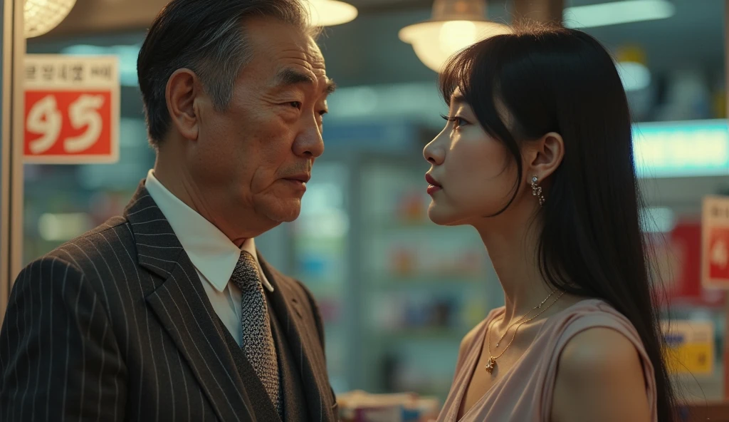 (((1 korean young girl and 1 old korean man facing each other))), {(1 korean young girl), big breasts, strikingly beautiful, delicate facial features, porcelain skin, expressive eyes, black hair, red lips, (hairstyle of the 1980s), (her hair styled in classic pin curls), Visualize a vintage 1980s Korean washing machine advertisement. To the left of the washing machine, (((girl all nude)))}, (((60 years old korean man wearing business suit))), (((60 years old korean man hugging on korean young girl's chest))), focus on old man,