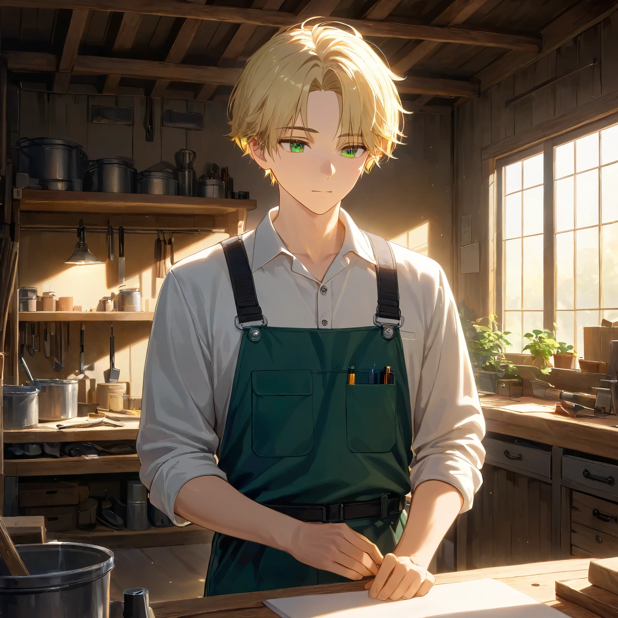 1boy, bust, cropped torso, curtained hair, blonde hair, parted bangs, green eyes, ager, work clothes, workshop, indoors, 
