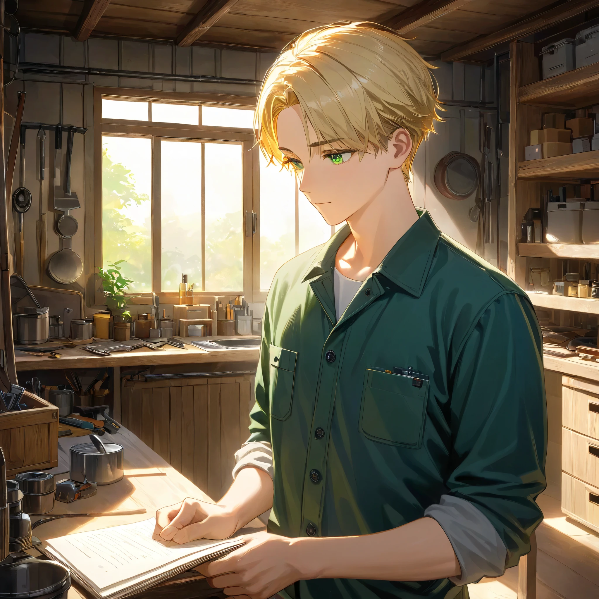 1boy, bust, cropped torso, curtained hair, blonde hair, parted bangs, green eyes, ager, work clothes, workshop, indoors,