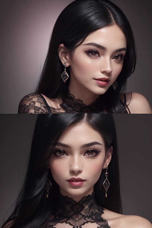 full body masterpiece, ultra realistic, 16k, high quality, incredibly detailed, dream aesthetic, dream atmosphere, cinematic, (sharp focus : 1.5), (photorealistic : 1.3), gothic (Gorgeous gothic girl), Liz Vicius, defined jaw, square face, wonderful gothic girl (enchanting seductress), cinematic, detailed, 16k sharp focus, realistic. wonderful. Seductive (evil). black hair (realistic texture), highlighted, silky and shiny hair, detailed hair (realistic), (natural). wonderful detailed face (enchanting seductress). blushed cheekbones (rosy cheeks), tanned skin, (white skin) alabaster skin that seems to glow ethereally. Her attire is gothic. Voluptuous shape. turquoise blue eyes (evil eyes look). a symmetrical face ::2 gothic clothes + ArtStation Trends + fantasy art + realistic cloth + fractals in the background, loose hair --aspect 9:21 – enhance your unearthly beauty. realistic skin texture, pale white skin illuminated. realistic perfect shading. absurd, realistic textures. alone, alone, 1 girl. Looking at the viewer. muscular female body, hot body, toned body, defined muscles. big natural breasts, cleavage. pantyhose, gothic (black) dress (realistic texture). In different sex positions at different angles. Bedroom background. incredibly real, best quality, photorealistic.  