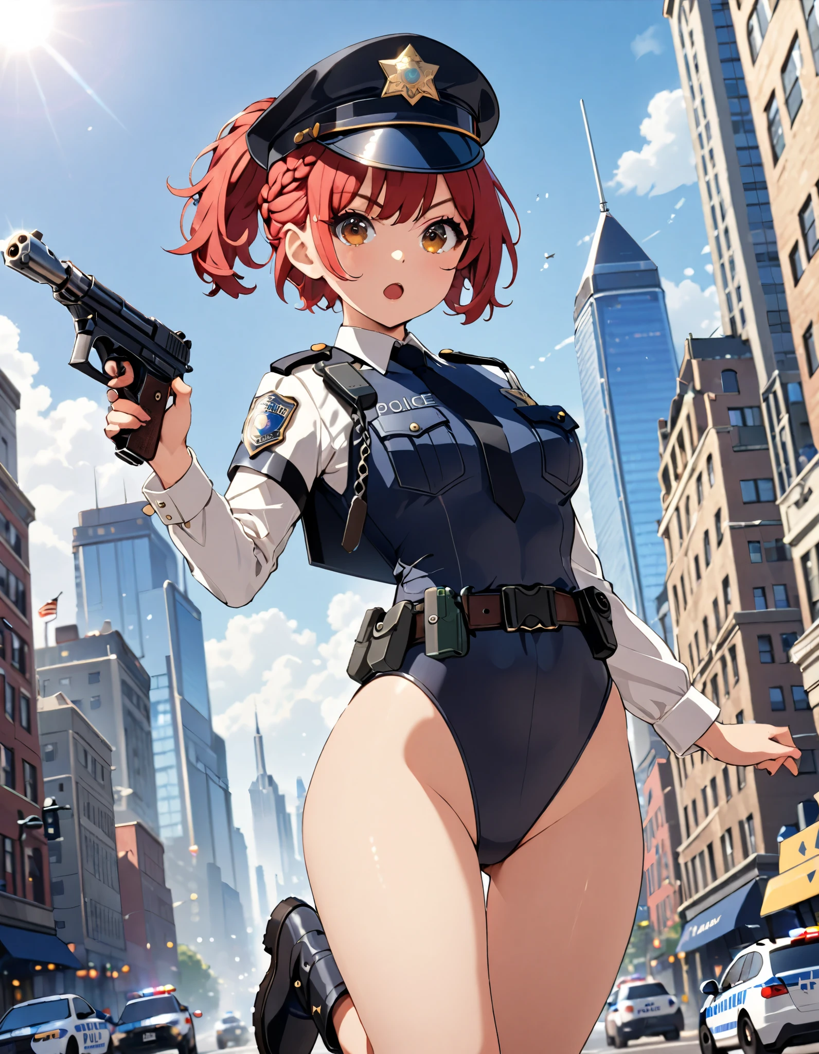 ((Best quality, 8k, Masterpiece :1.3)), 1girl, Pretty woman, cute face, (ponytail, short hair, braid, bangs, red hair, breasts), Ultra-detailed face, brown eyes, Detailed eyes, Double eyelid (full body shot,cowboy shot), perfect hands, complete fingers, perfect anatomy, perfect proportions, ((hat, black police hat)), ((leotard, police badge, matching leotard, bare legs)), ((boots, matching boots)), ((police uniform)), ((belt, tight belt)), (armbands, white sleeves, long sleeves), (holding a dl44blstr pistol), (running towards viewer), (serious expression:1.2, open mouth), full body costume design. solo,solo focus, city street backdrop, ((small starship in the background)), depth of field, dutch angle, daytime, (fix hands)